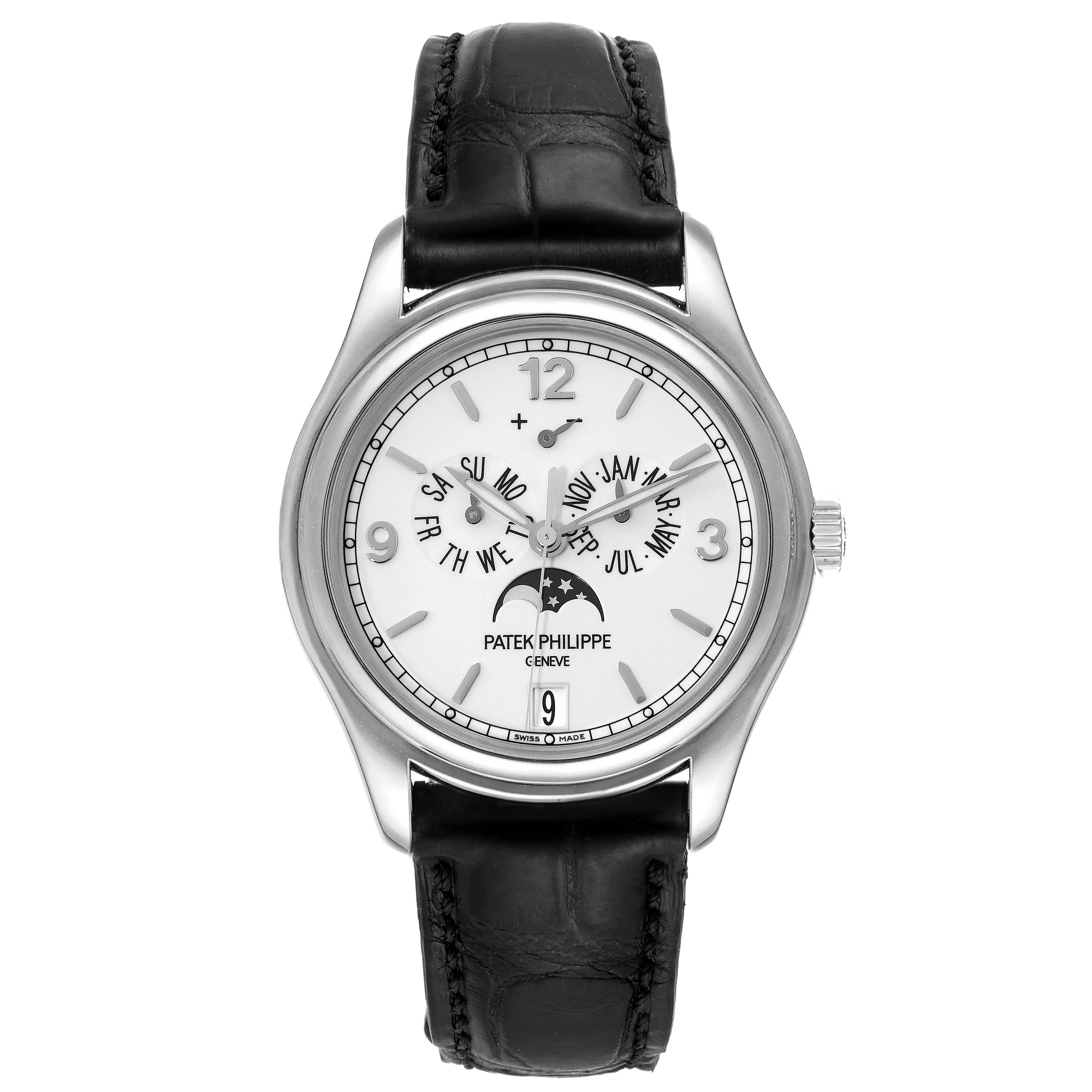 This image shows a Patek Philippe Complications 5146G Men's White Gold Beige Dial 5146G Men's White Gold Beige Dial watch from a front angle, featuring a white dial and black leather strap.