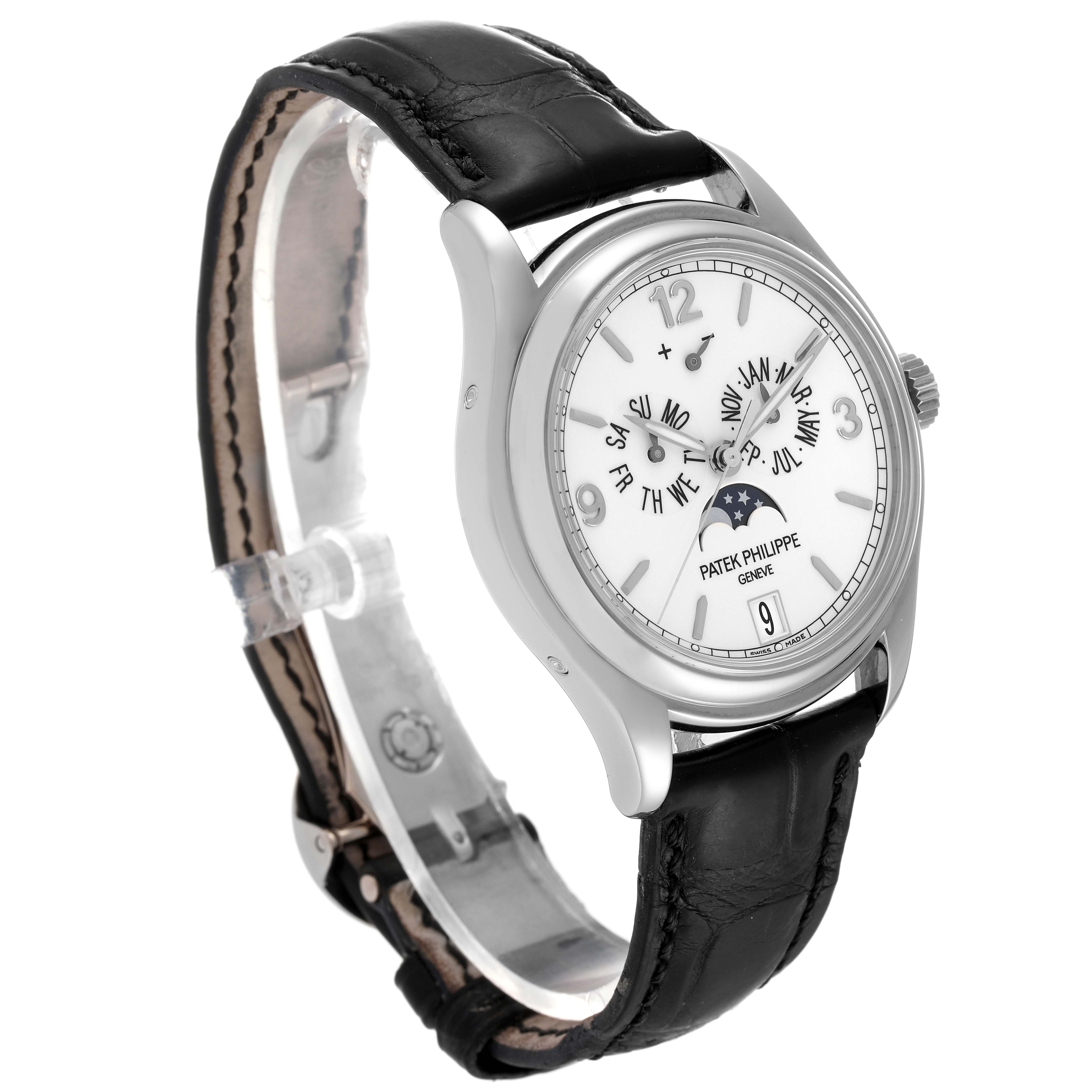 The image shows a side and front angle of a Patek Philippe Complications 5146G Men's White Gold Beige Dial 5146G Men's White Gold Beige Dial model watch with a black leather strap.