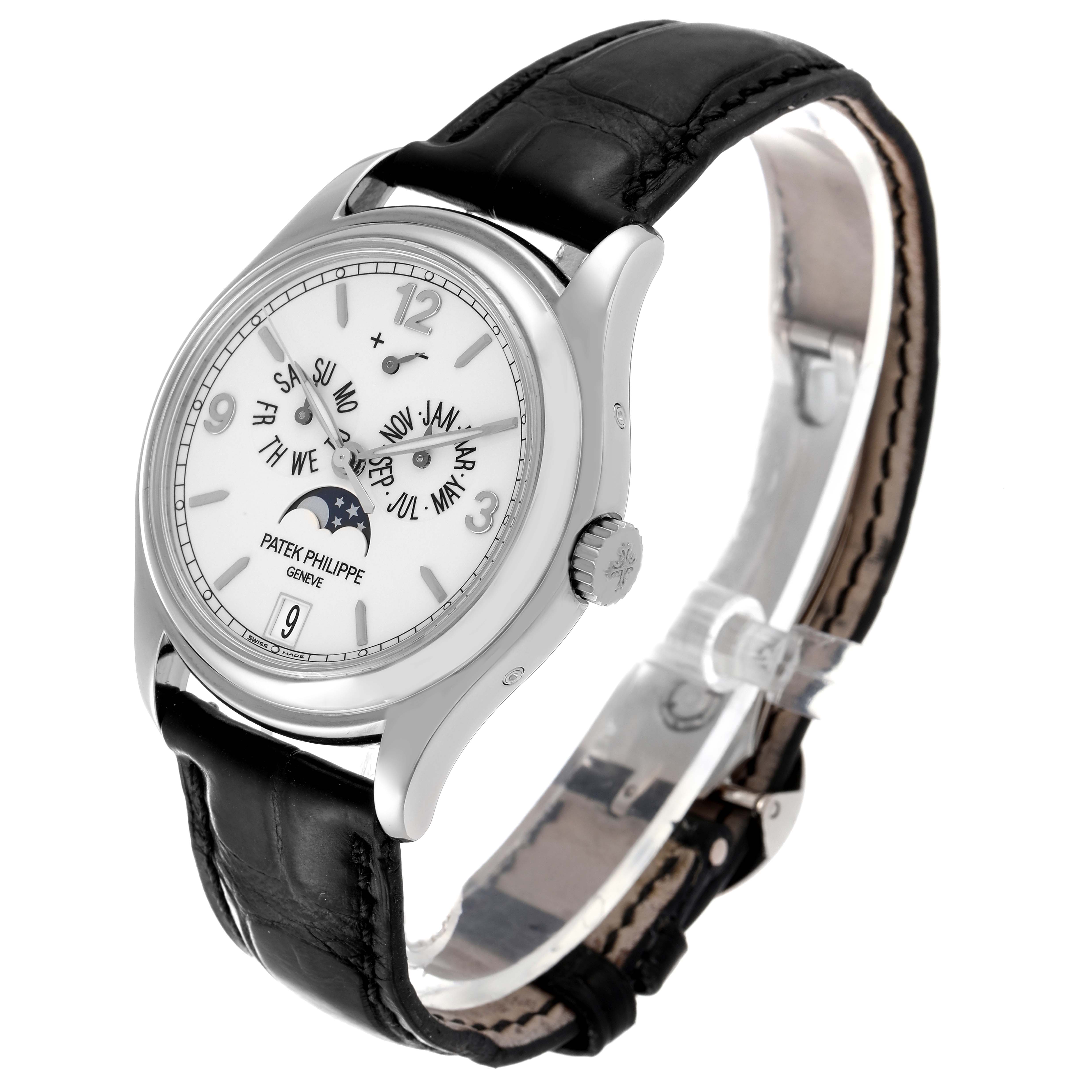 The image shows a Patek Philippe Complications 5146G Men's White Gold Beige Dial 5146G Men's White Gold Beige Dial wristwatch at a three-quarter angle, displaying its face, strap, and crown.