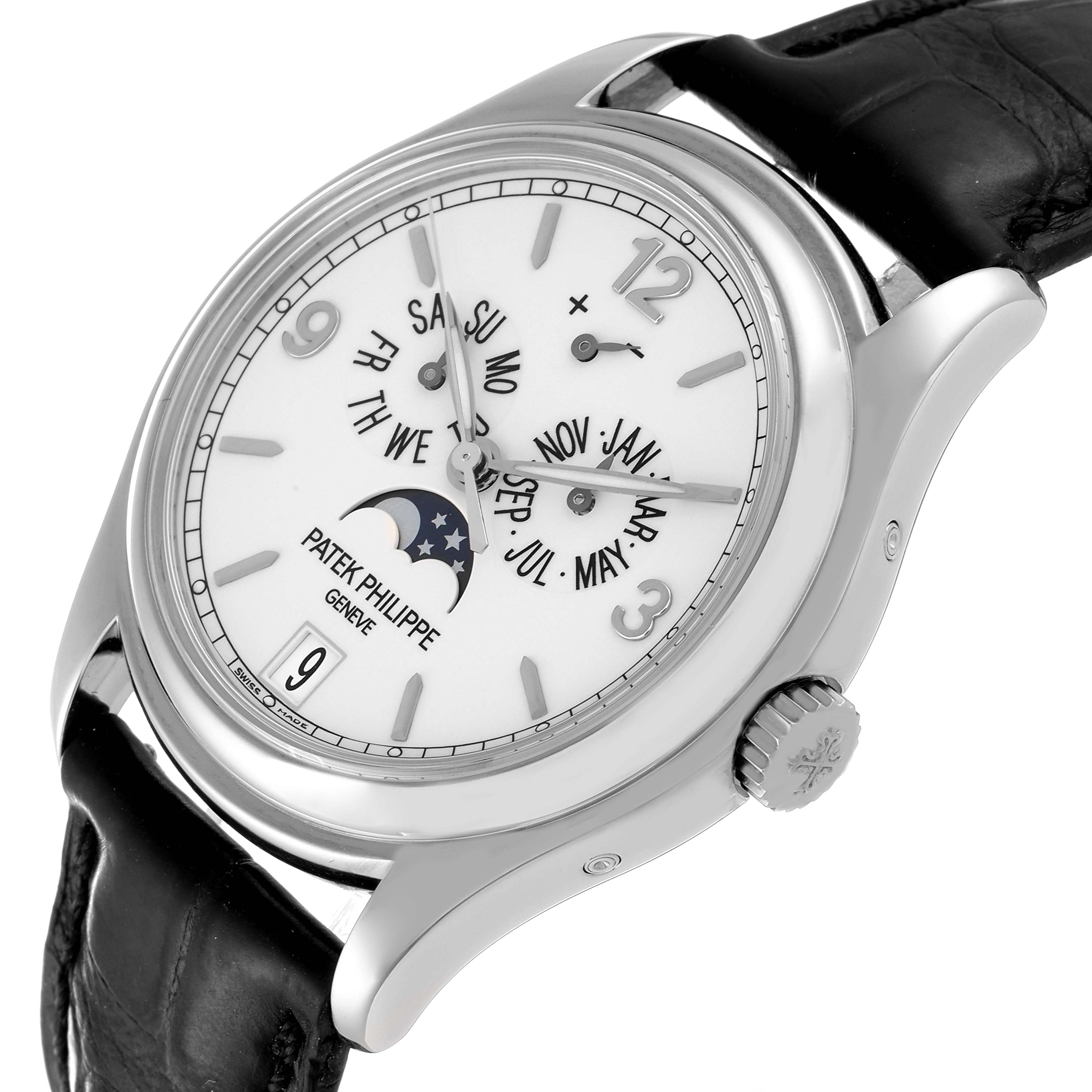 The image shows a Patek Philippe Complications 5146G Men's White Gold Beige Dial 5146G Men's White Gold Beige Dial model watch at a slight angle, highlighting the dial, crown, and leather strap.