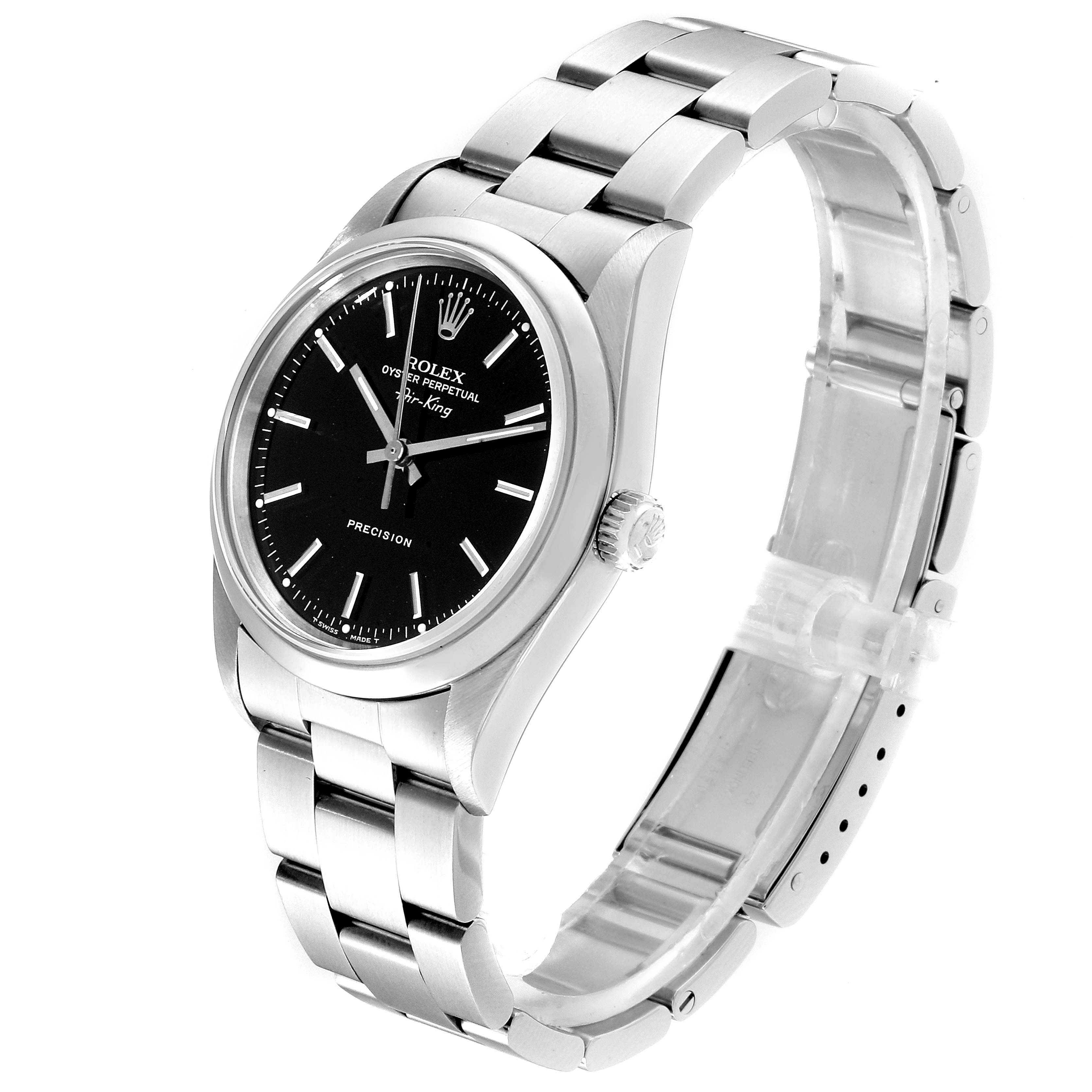 The Rolex Air-King 14000 Men's Stainless Steel Black Dial 14000 Men's Stainless Steel Black Dial watch is shown at an angle displaying the face, bracelet, and crown.