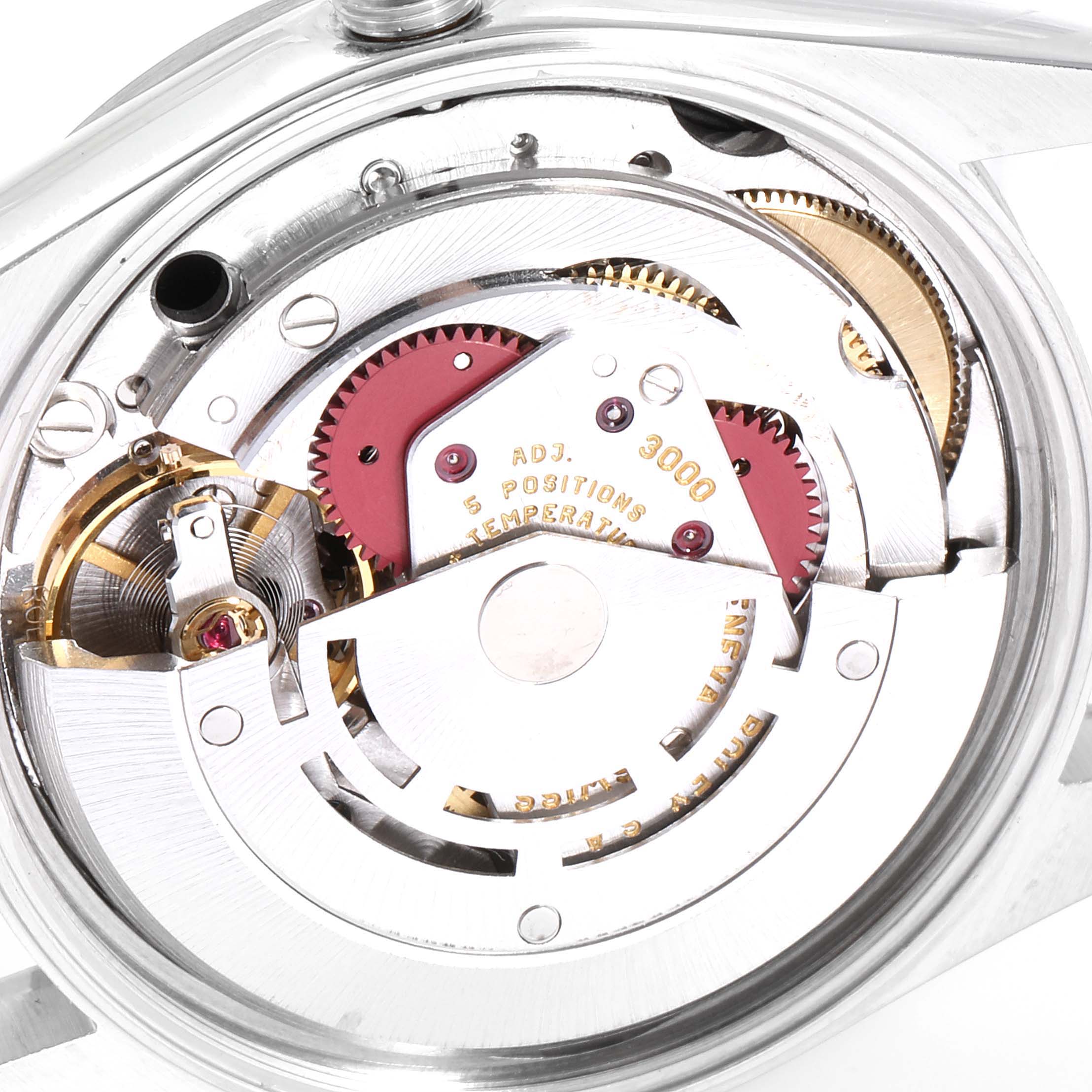 The image shows a close-up view of the Rolex Air-King 14000 Men's Stainless Steel Black Dial 14000 Men's Stainless Steel Black Dial watch's internal mechanical movement, highlighting various gears and components.