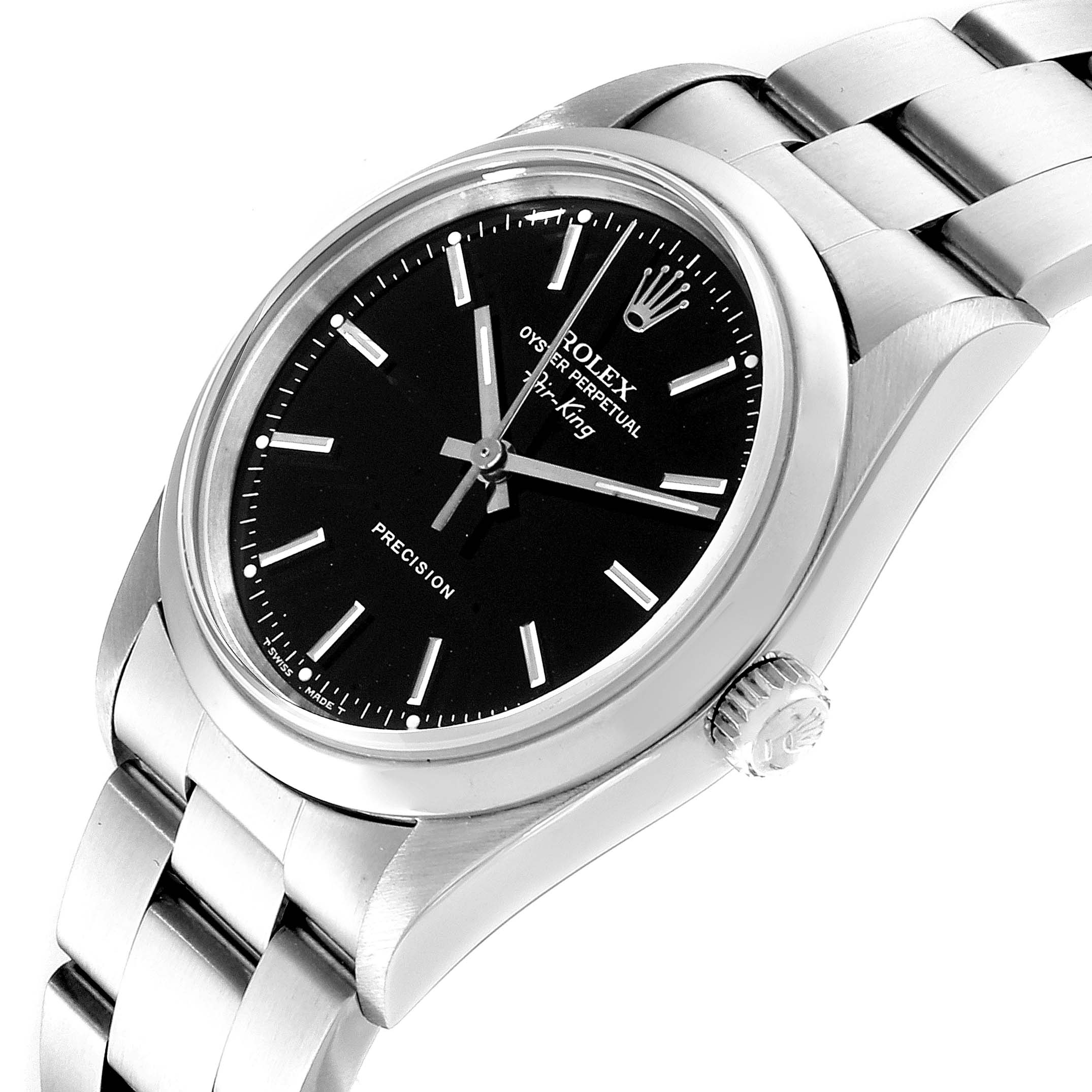 The image shows a Rolex Air-King 14000 Men's Stainless Steel Black Dial 14000 Men's Stainless Steel Black Dial watch from an angled side view, highlighting its black dial, case, crown, and stainless steel bracelet.