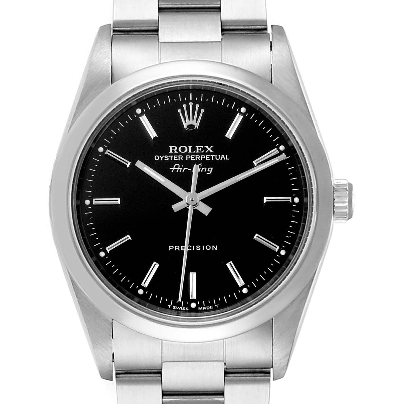 The Rolex Air-King 14000 Men's Stainless Steel Black Dial 14000 Men's Stainless Steel Black Dial watch is shown from a front angle, highlighting its black dial, stainless steel case, and bracelet.