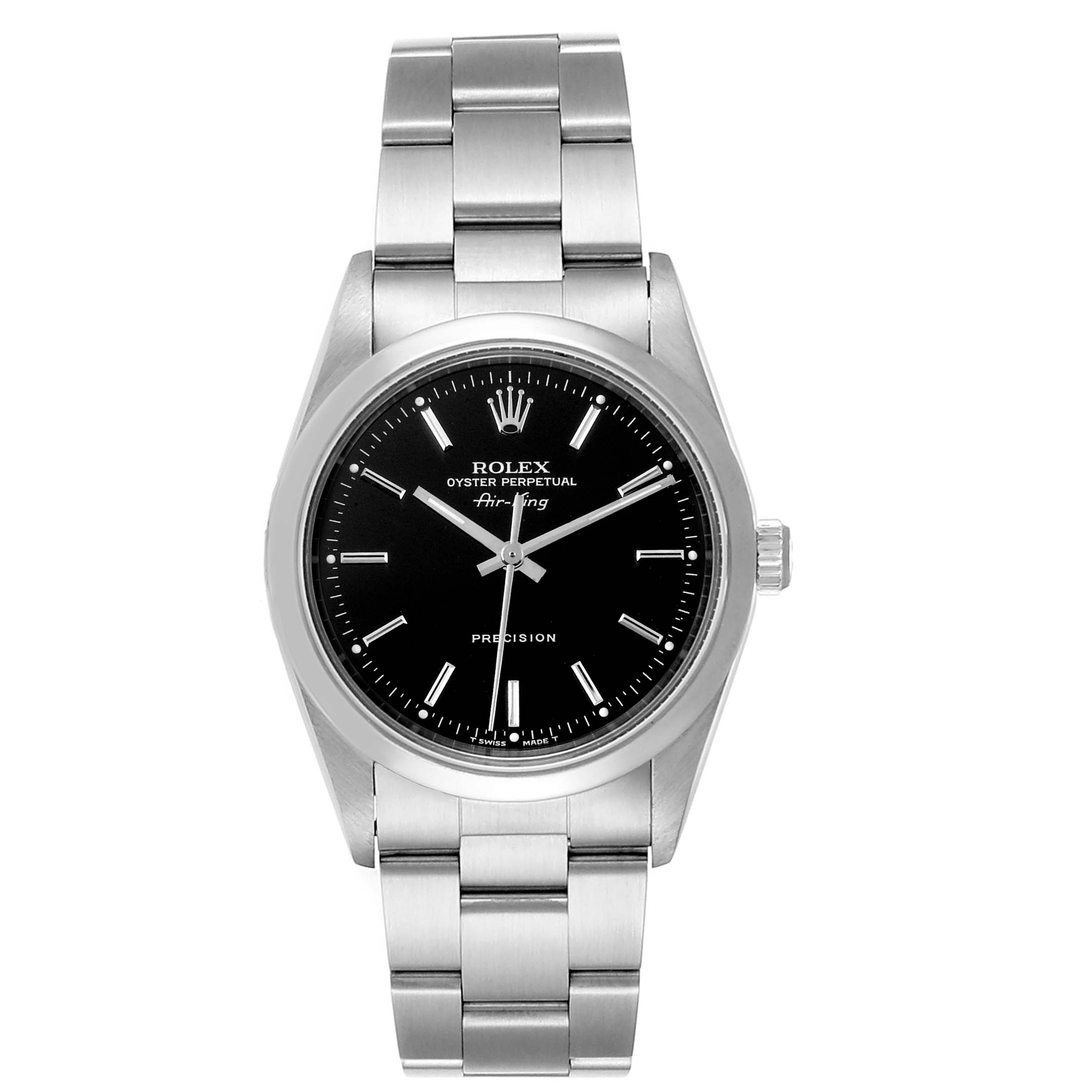 The Rolex Air-King 14000 Men's Stainless Steel Black Dial 14000 Men's Stainless Steel Black Dial watch is shown from a front angle, displaying its face, bezel, and stainless steel bracelet.