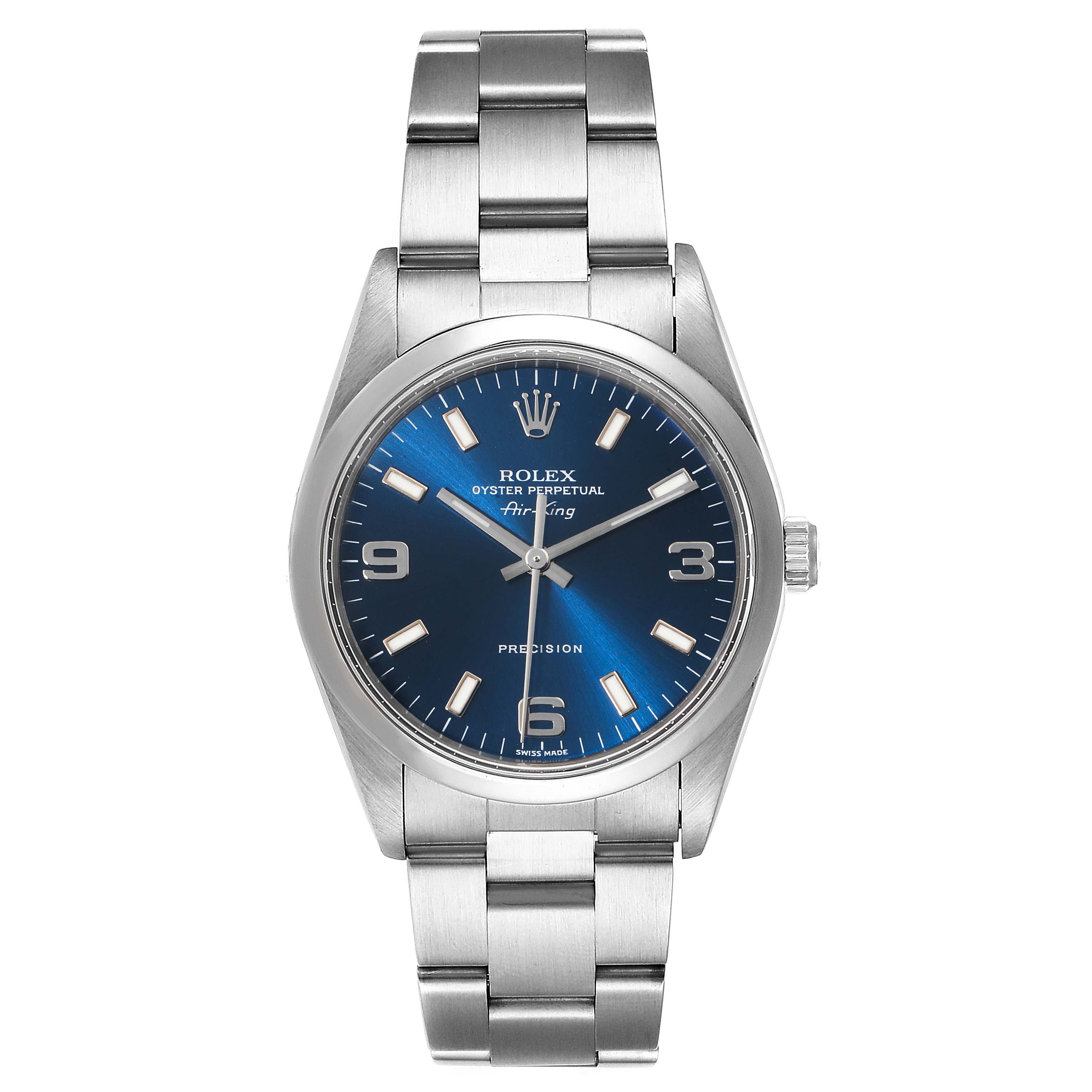 The Rolex Air-King 14000 Men's Stainless Steel Blue Dial 14000 Men's Stainless Steel Blue Dial watch is shown from a front angle, highlighting the face, bezel, and metal bracelet.