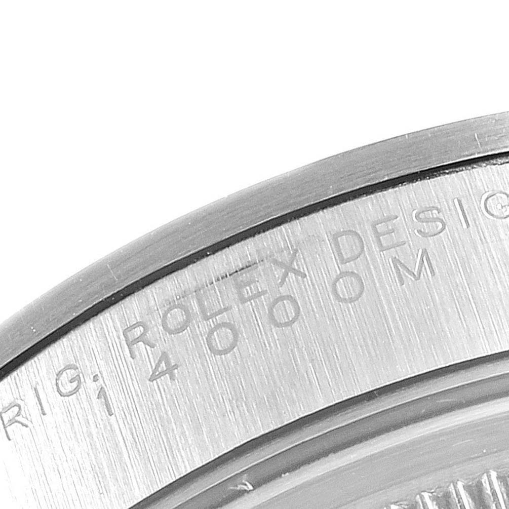 This image shows a close-up view of the engraved side of the Rolex Air-King 14000 Men's Stainless Steel Blue Dial 14000 Men's Stainless Steel Blue Dial watch case.