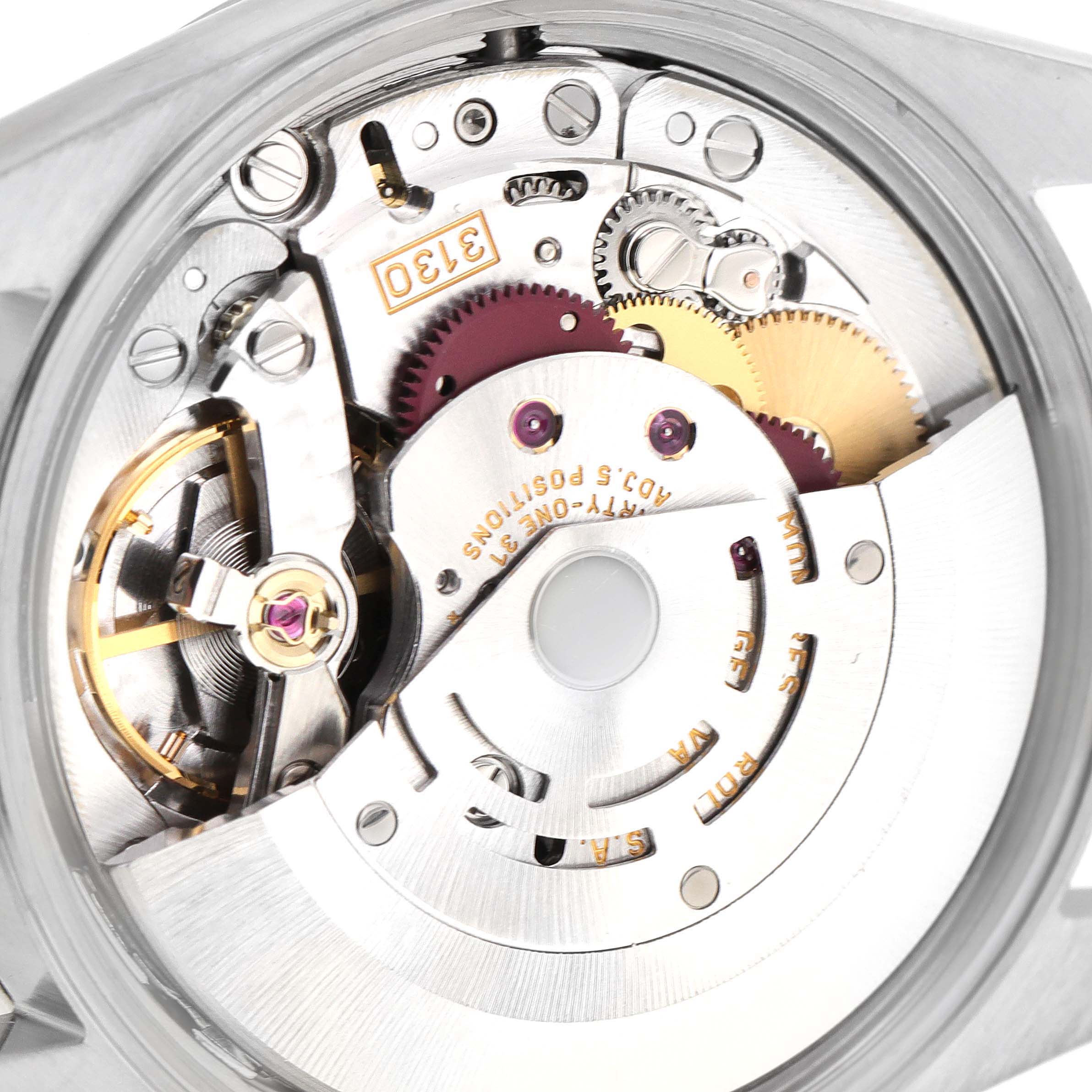 The image shows the internal mechanical components and intricate gears of a Rolex Air-King 14000 Men's Stainless Steel Blue Dial 14000 Men's Stainless Steel Blue Dial watch from the back angle.