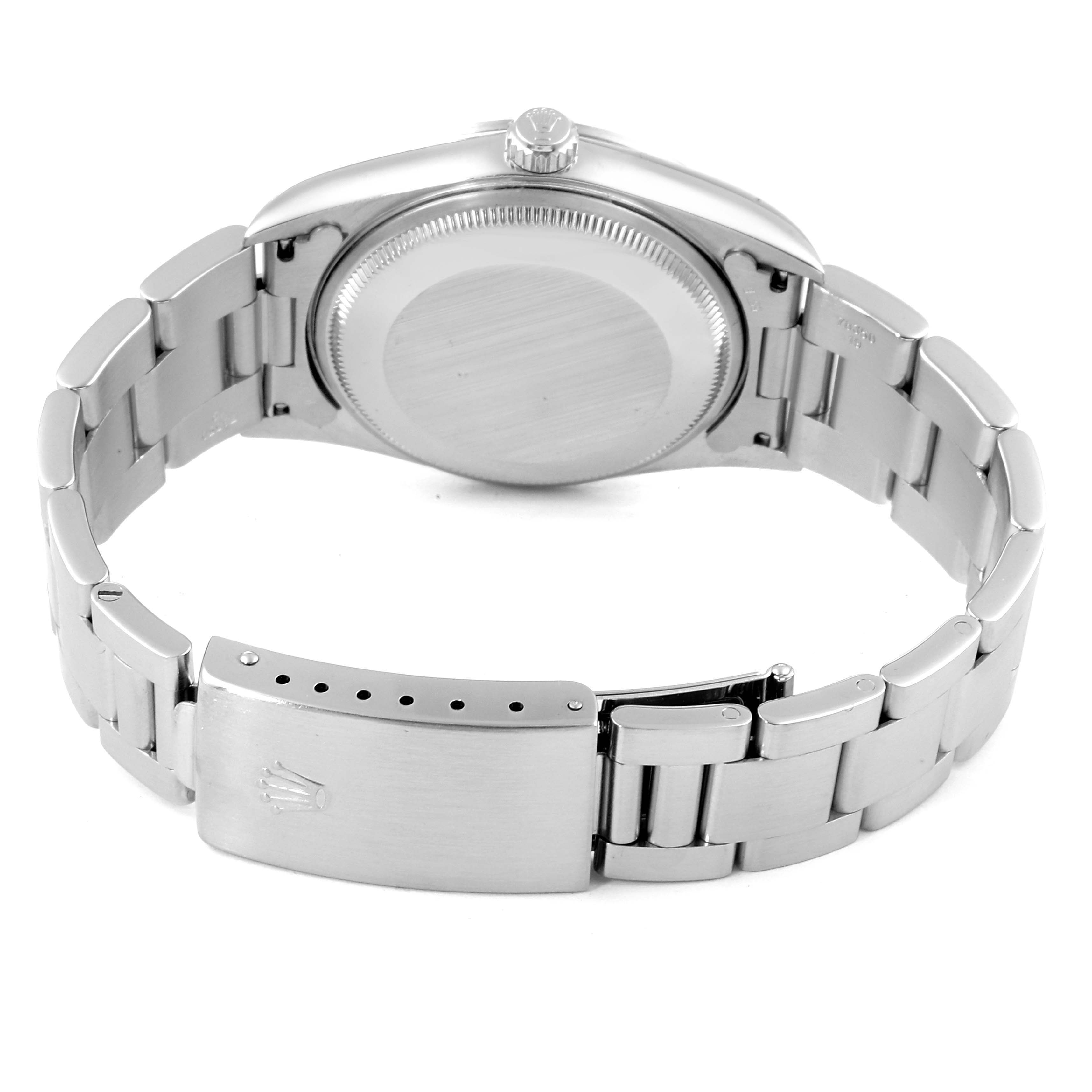 This image shows the back of a Rolex Air-King 14000 Men's Stainless Steel Blue Dial 14000 Men's Stainless Steel Blue Dial watch, highlighting the case back and the bracelet with its clasp.