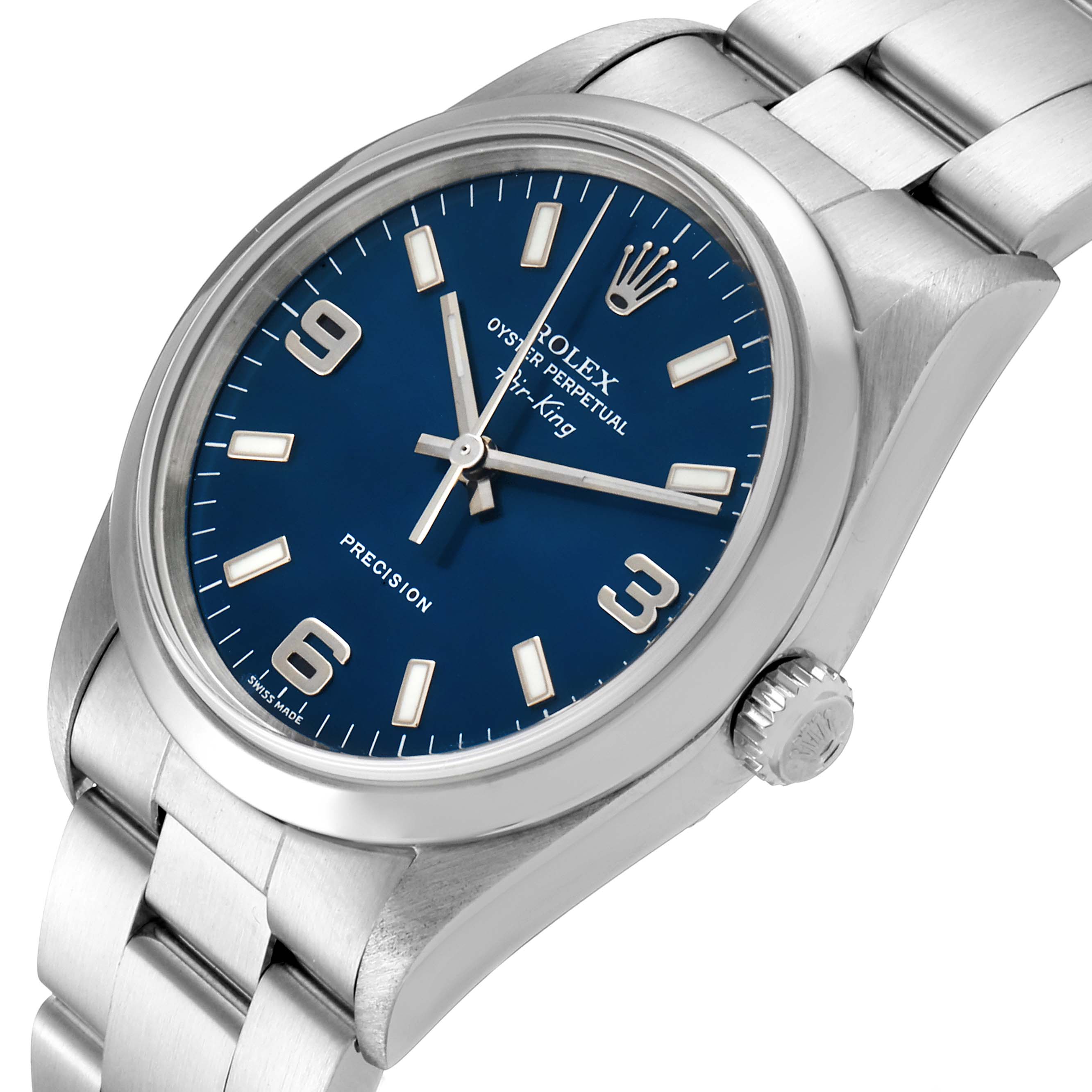 The image shows a close-up angle of the Rolex Air-King 14000 Men's Stainless Steel Blue Dial 14000 Men's Stainless Steel Blue Dial watch, highlighting the dial, crown, and metal strap.