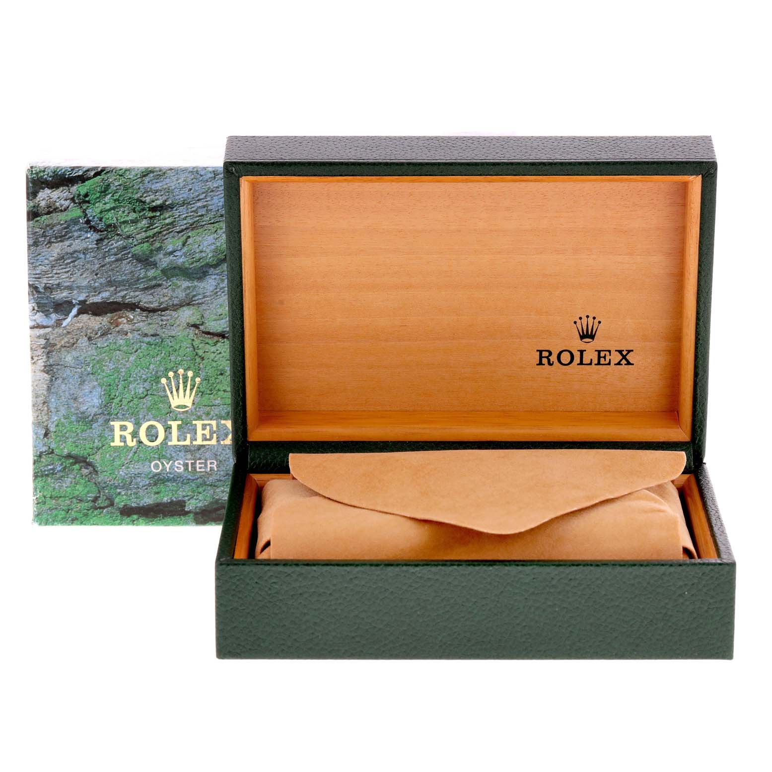 The image shows a Rolex Air-King 14000 Men's Stainless Steel Blue Dial 14000 Men's Stainless Steel Blue Dial watch box, featuring an outer cardboard sleeve and an inner wooden box with a cushion.