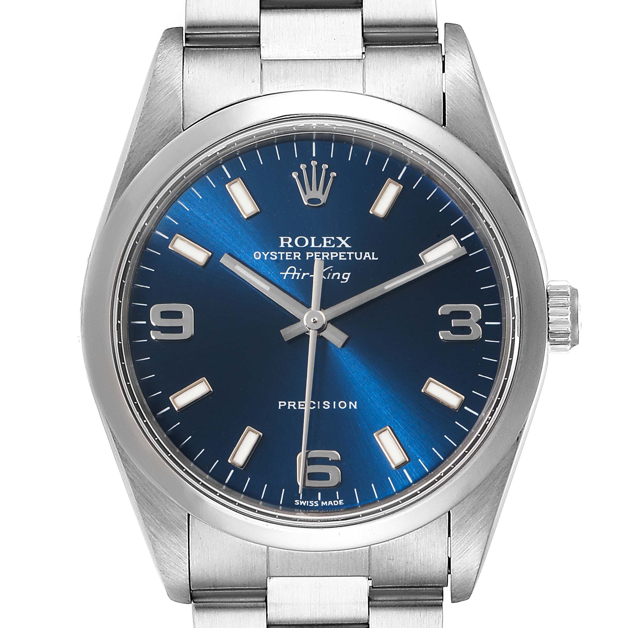 The image shows a Rolex Air-King 14000 Men's Stainless Steel Blue Dial 14000 Men's Stainless Steel Blue Dial watch from a front angle, highlighting its blue dial, silver indices, and stainless steel bracelet.