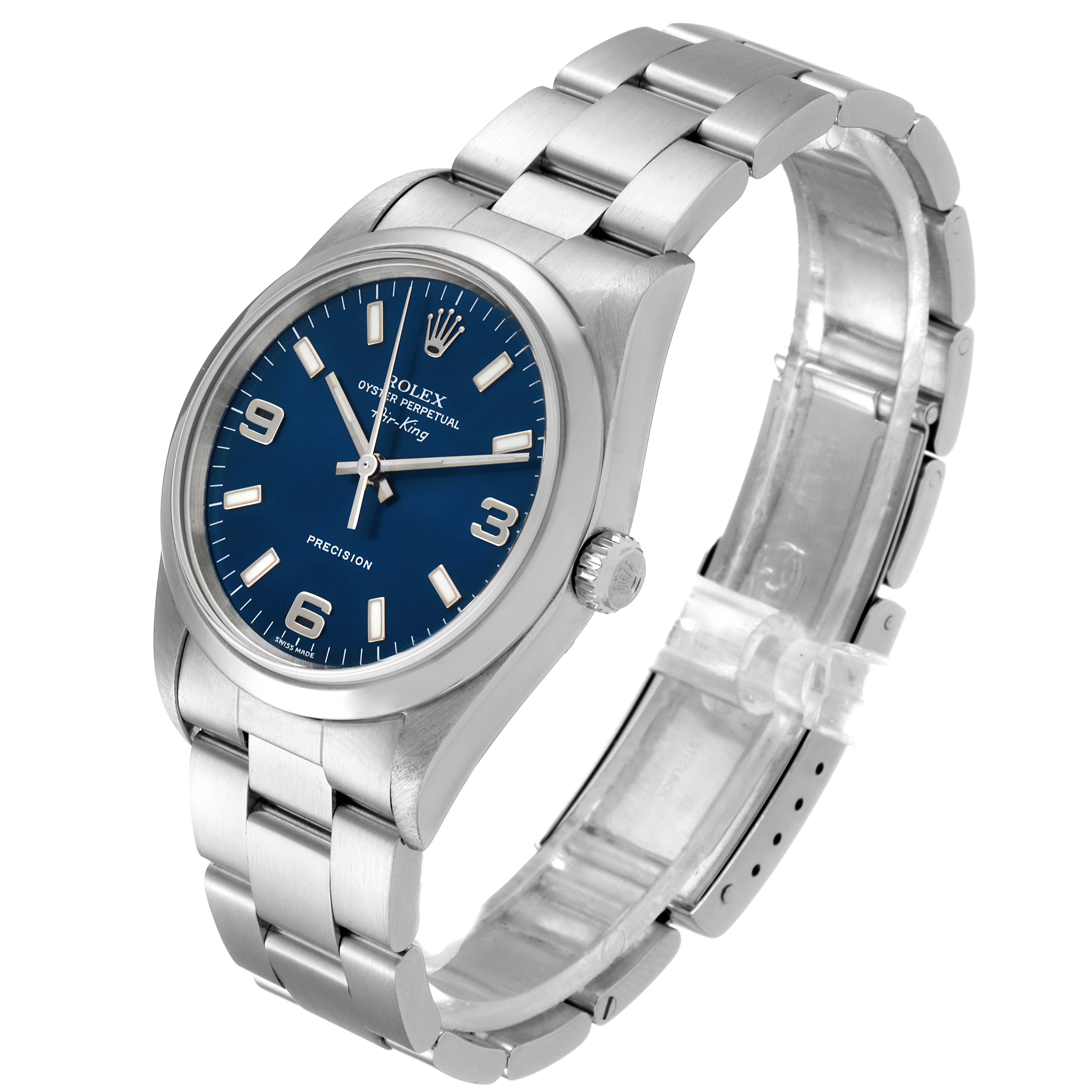 The image shows a Rolex Air-King 14000 Men's Stainless Steel Blue Dial 14000 Men's Stainless Steel Blue Dial watch at a slight angle, displaying the front dial, crown, and stainless steel bracelet.
