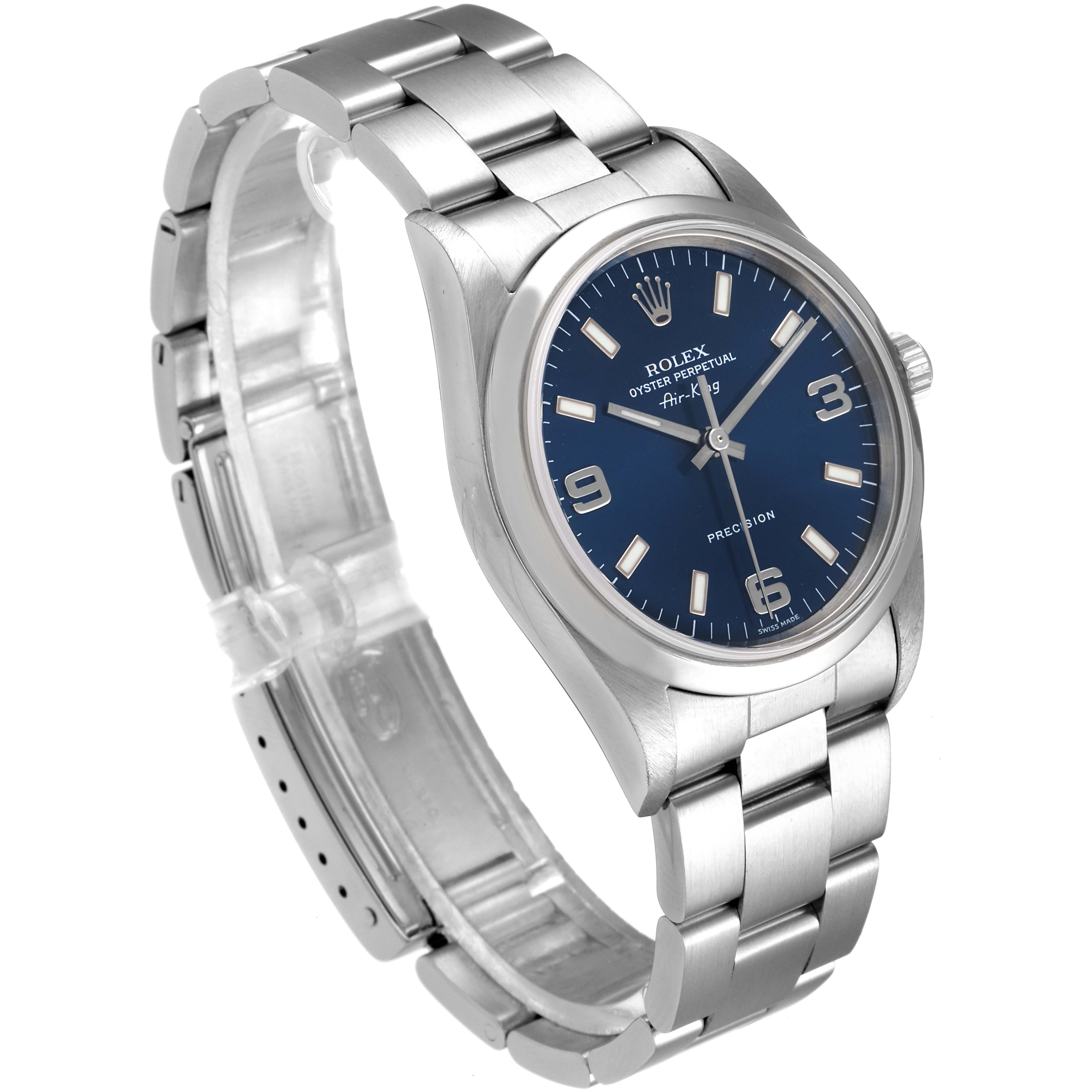 The image shows a Rolex Air-King 14000 Men's Stainless Steel Blue Dial 14000 Men's Stainless Steel Blue Dial watch angled to display the face, bracelet, and part of the clasp.
