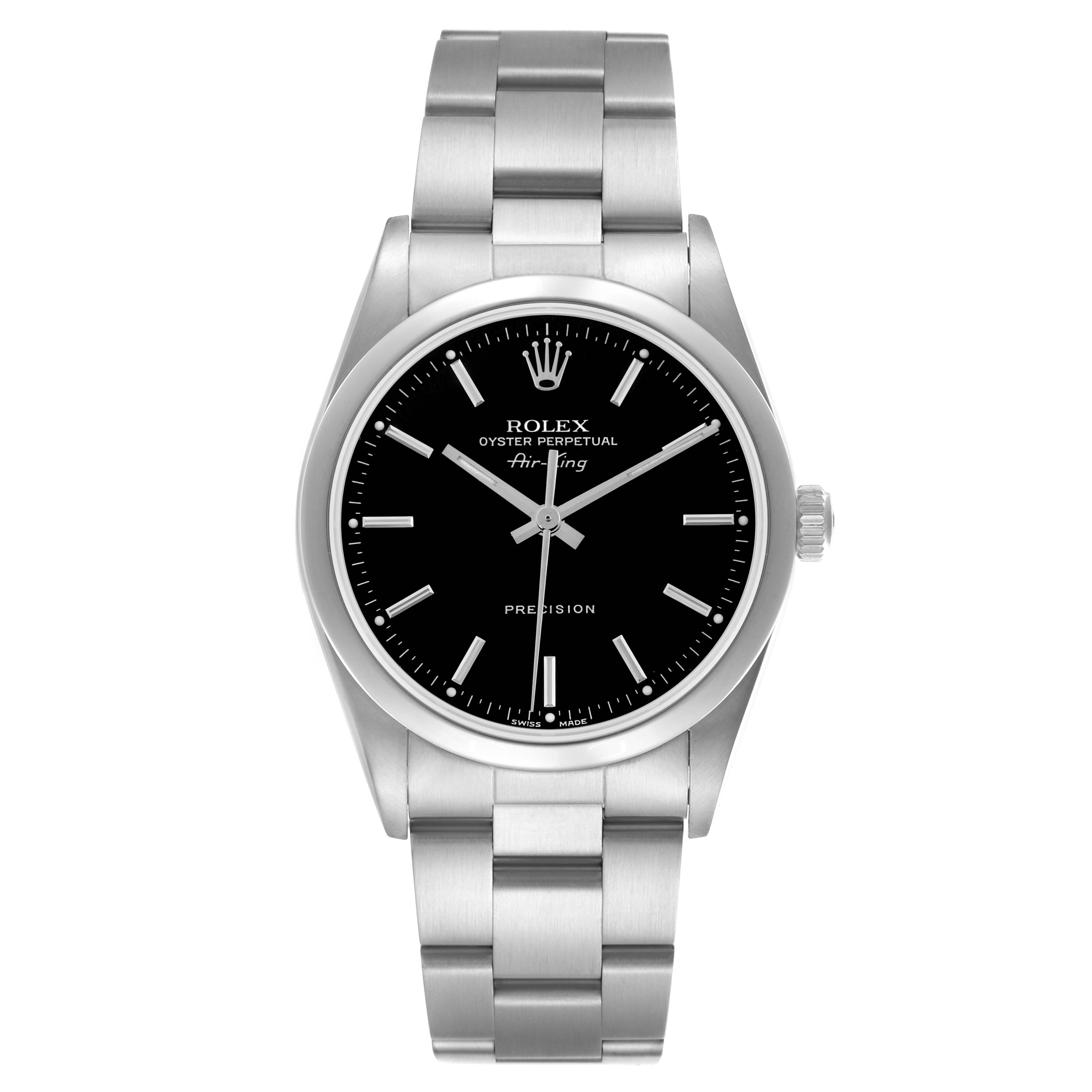 The Rolex Air-King 14000 Men's Stainless Steel Black Dial 14000 Men's Stainless Steel Black Dial watch is shown from a front view, displaying the full face, bezel, and bracelet.