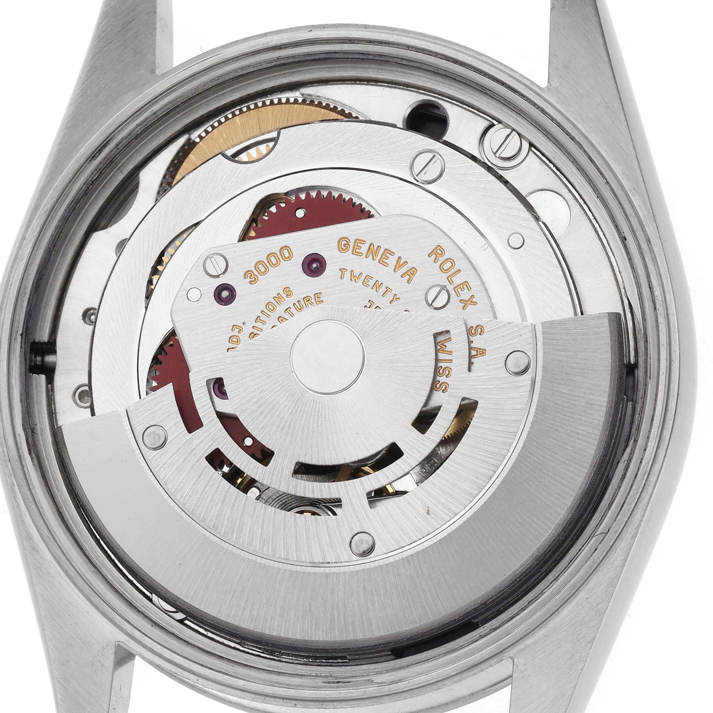 The image shows a close-up of the movement from the back of a Rolex Air-King 14000 Men's Stainless Steel Black Dial 14000 Men's Stainless Steel Black Dial watch, highlighting gears and engravings.