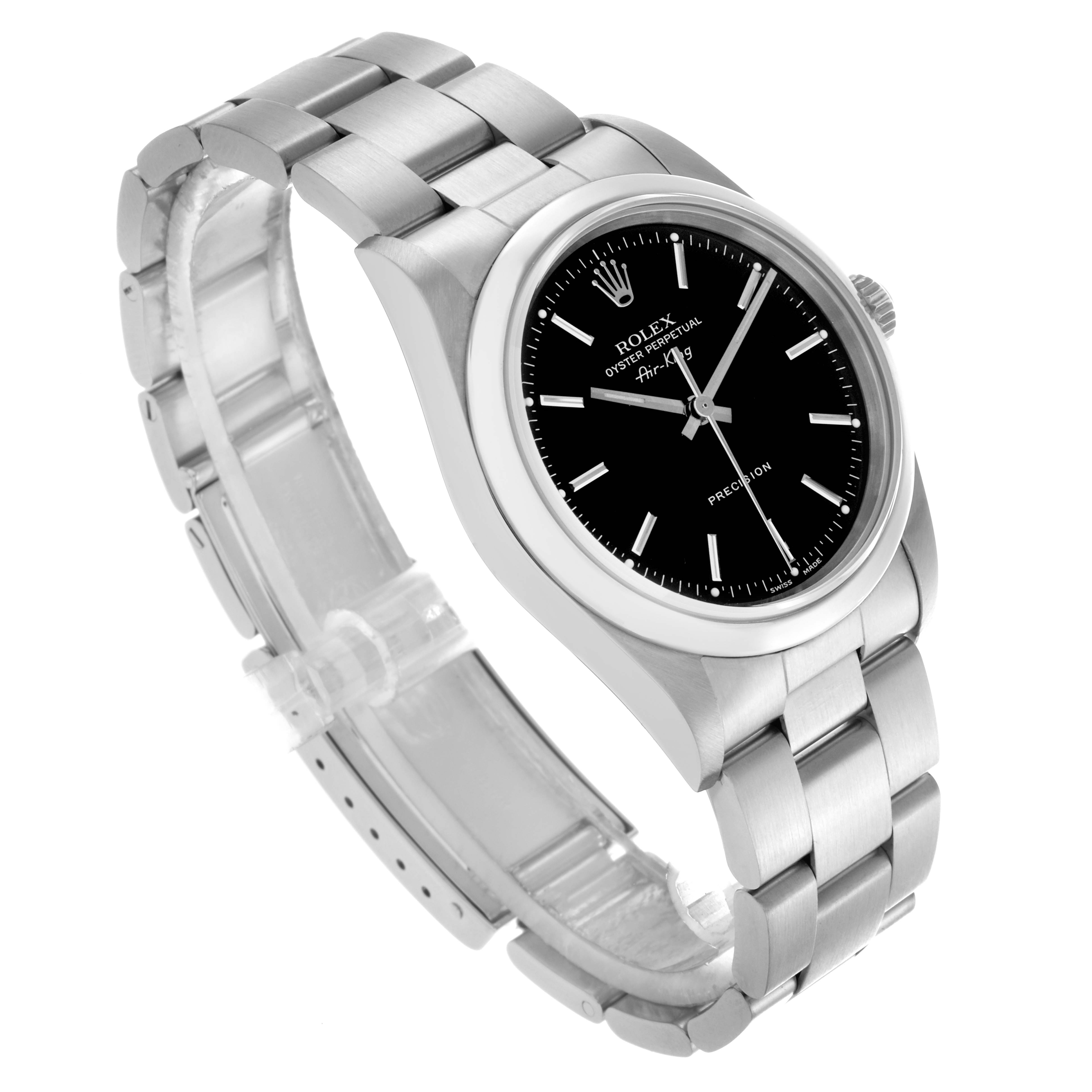 The Rolex Air-King 14000 Men's Stainless Steel Black Dial 14000 Men's Stainless Steel Black Dial watch is shown at a three-quarter angle, displaying the face, bezel, crown, and part of the bracelet.