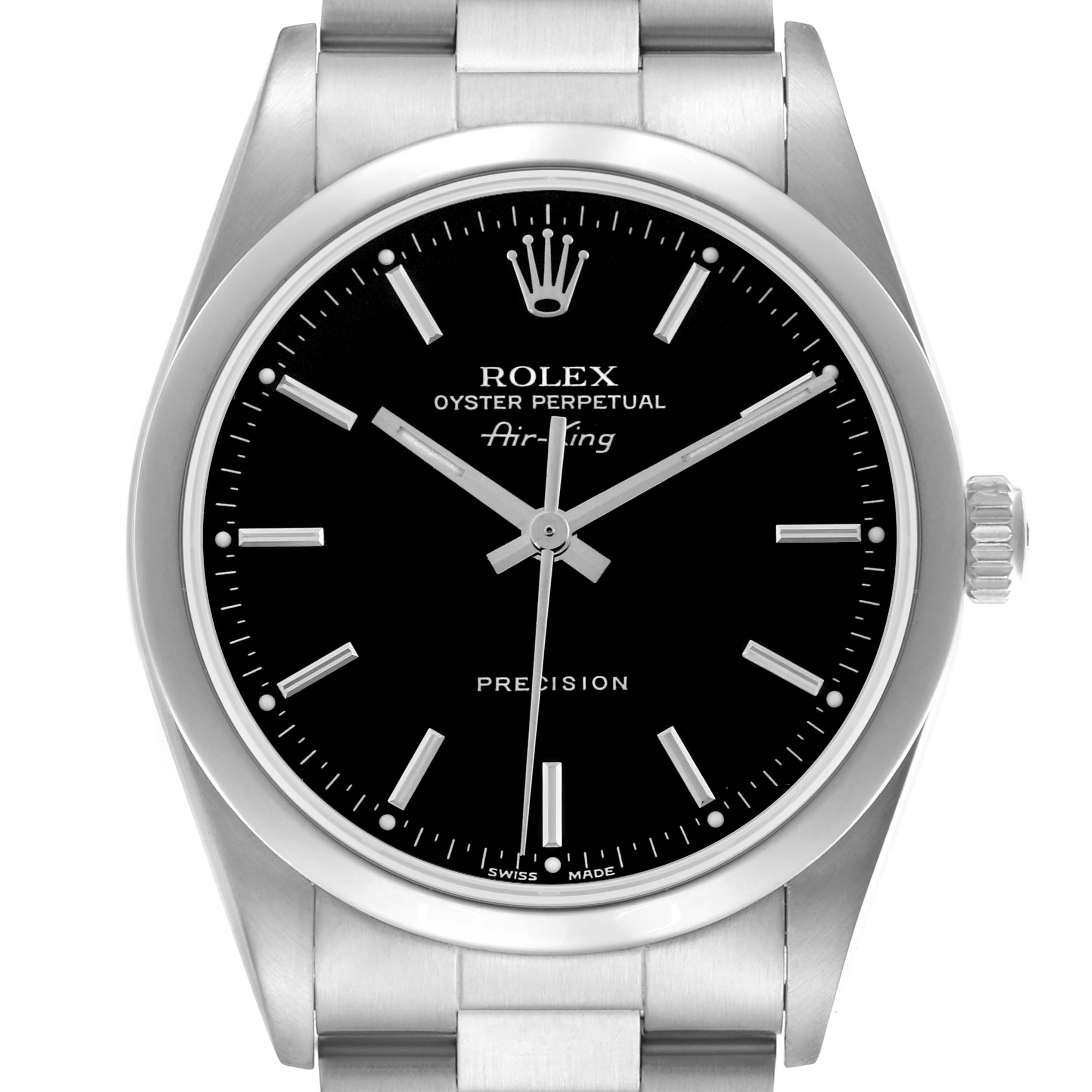 The Rolex Air-King 14000 Men's Stainless Steel Black Dial 14000 Men's Stainless Steel Black Dial watch is shown from a front angle, displaying the dial, crown, and part of the bracelet.