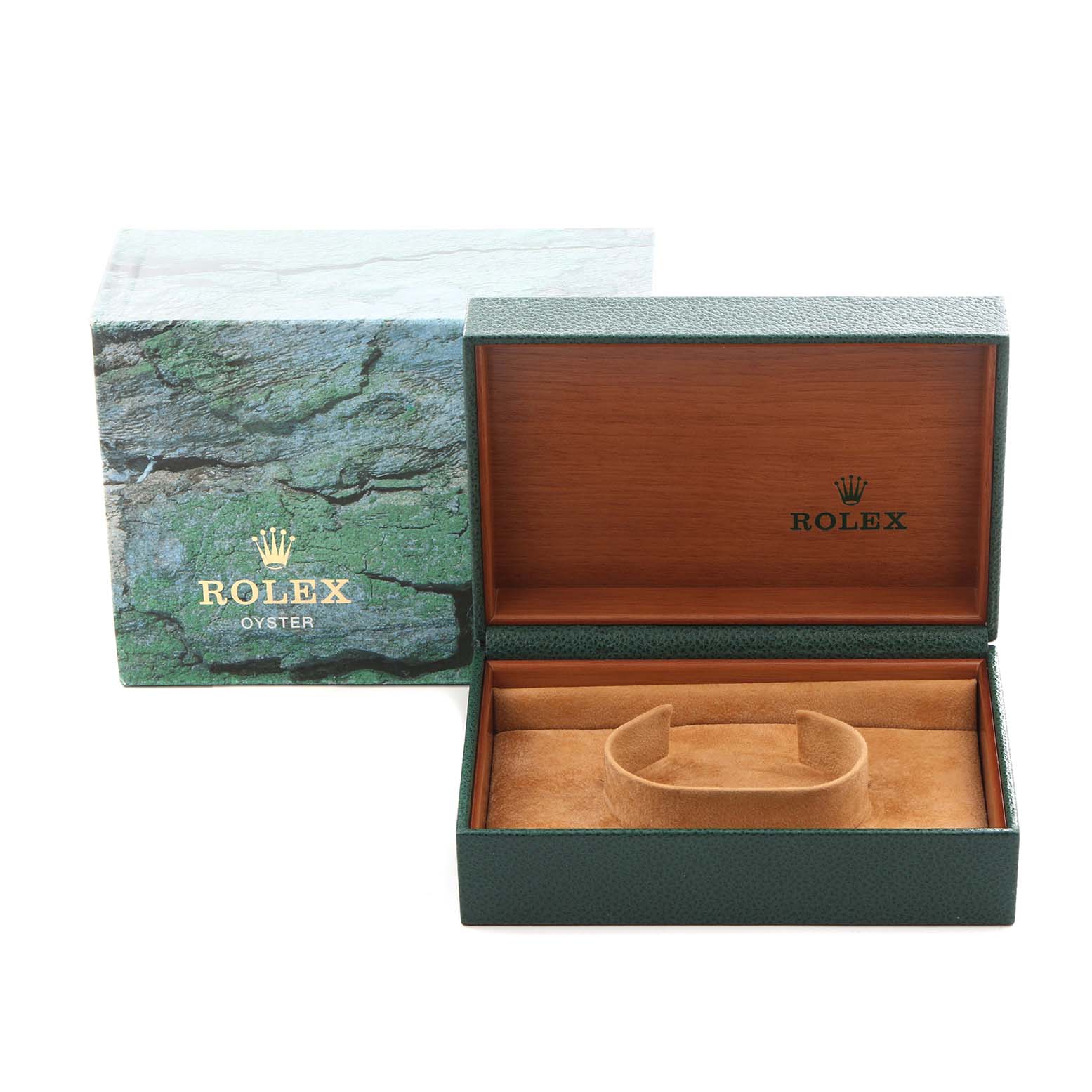 The image shows an open Rolex Air-King 14000 Men's Stainless Steel Black Dial 14000 Men's Stainless Steel Black Dial watch box with a green exterior and tan interior, alongside its outer packaging.