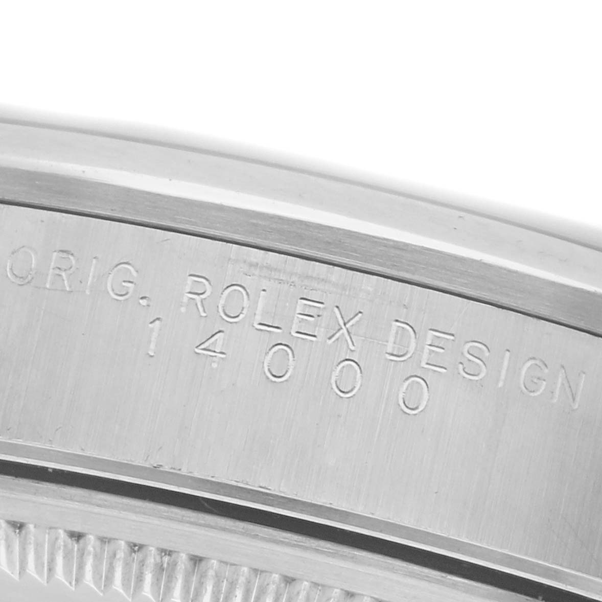 The image shows a close-up of the Rolex Air-King 14000 Men's Stainless Steel Black Dial 14000 Men's Stainless Steel Black Dial watch's engraved bezel, displaying its design model number 14000.
