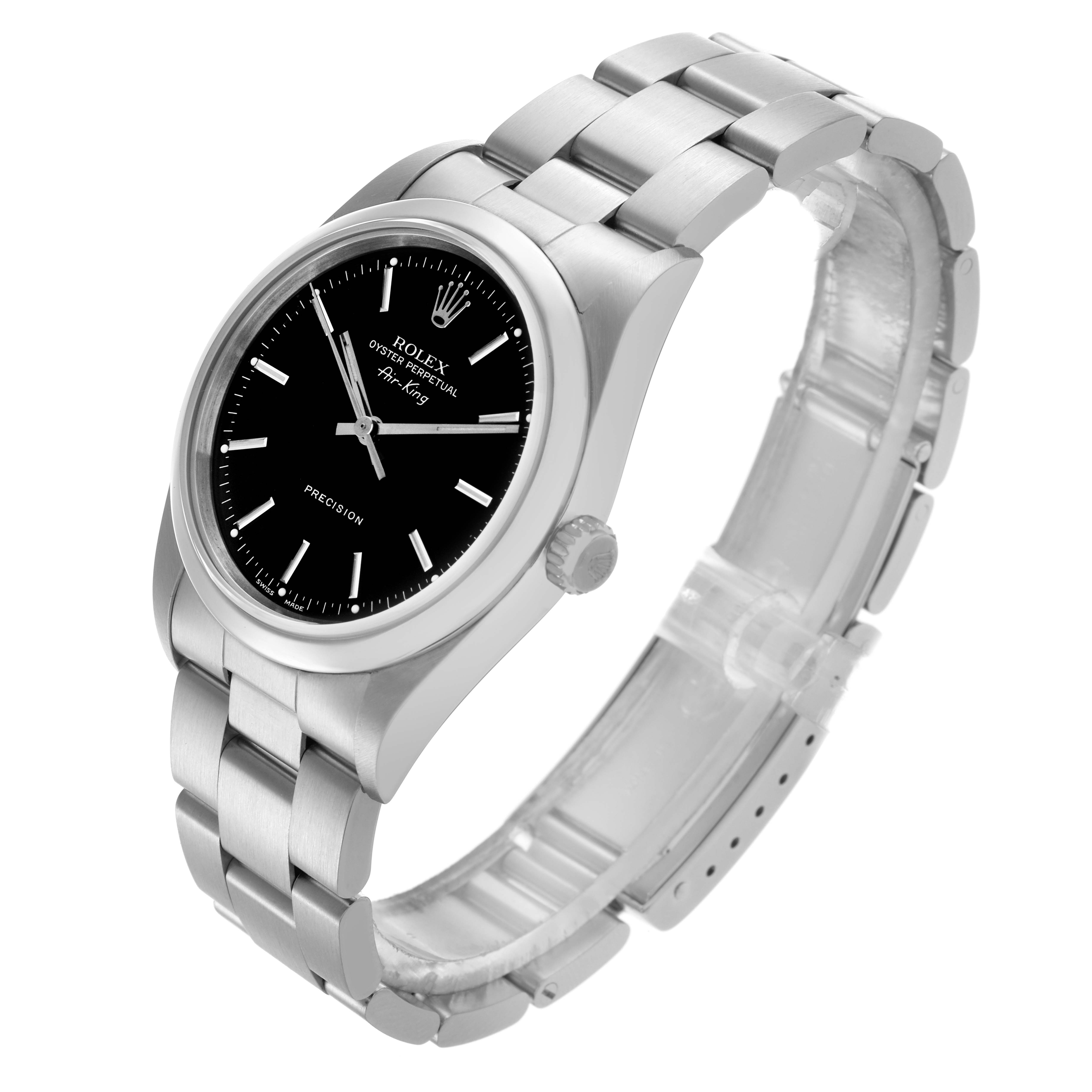 The Rolex Air-King 14000 Men's Stainless Steel Black Dial 14000 Men's Stainless Steel Black Dial watch is shown at a three-quarter angle, highlighting its black dial, stainless steel case, and bracelet.