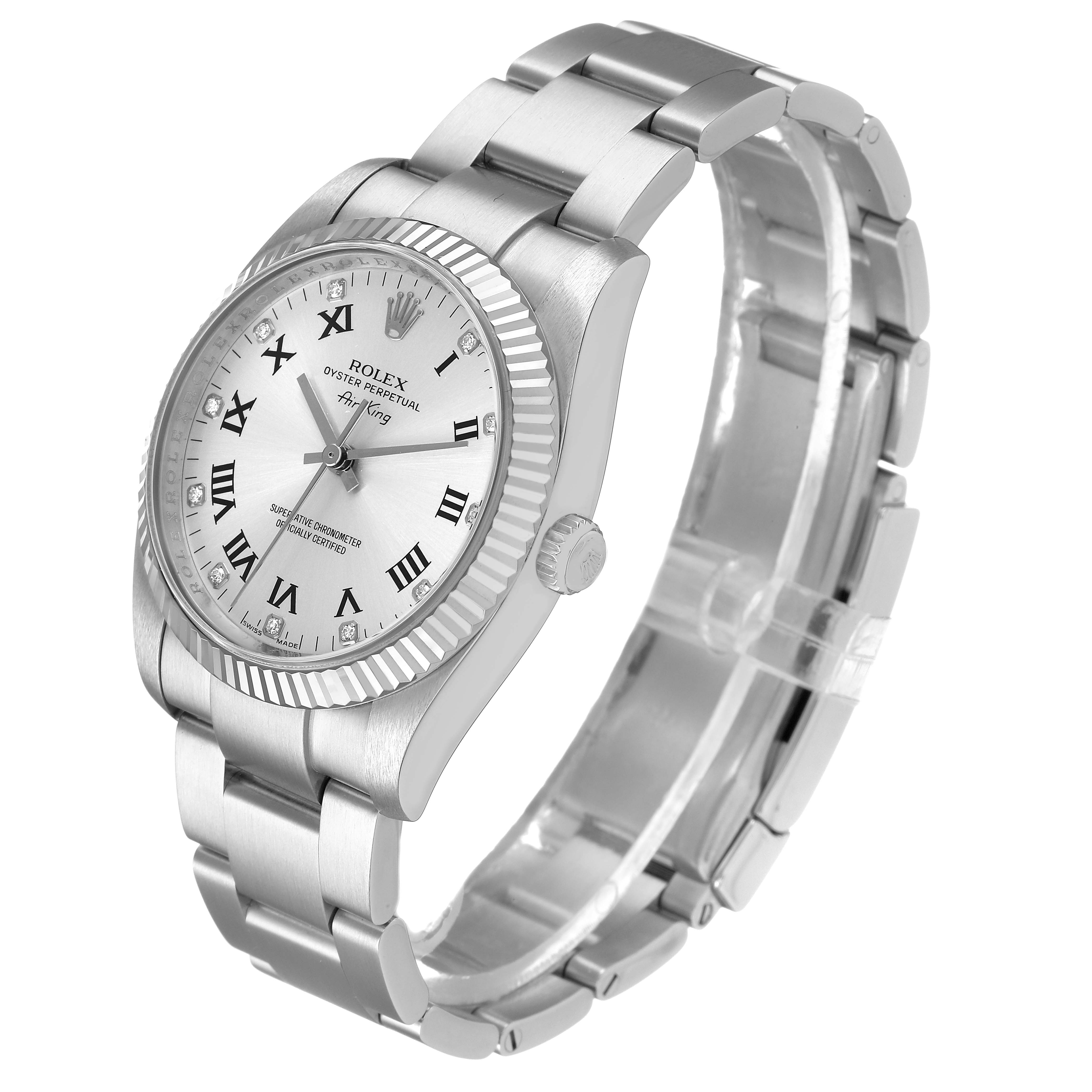 The Rolex Air-King 114234 Men's Stainless Steel Silver Dial watch is shown at a side angle, displaying the face, crown, and bracelet.