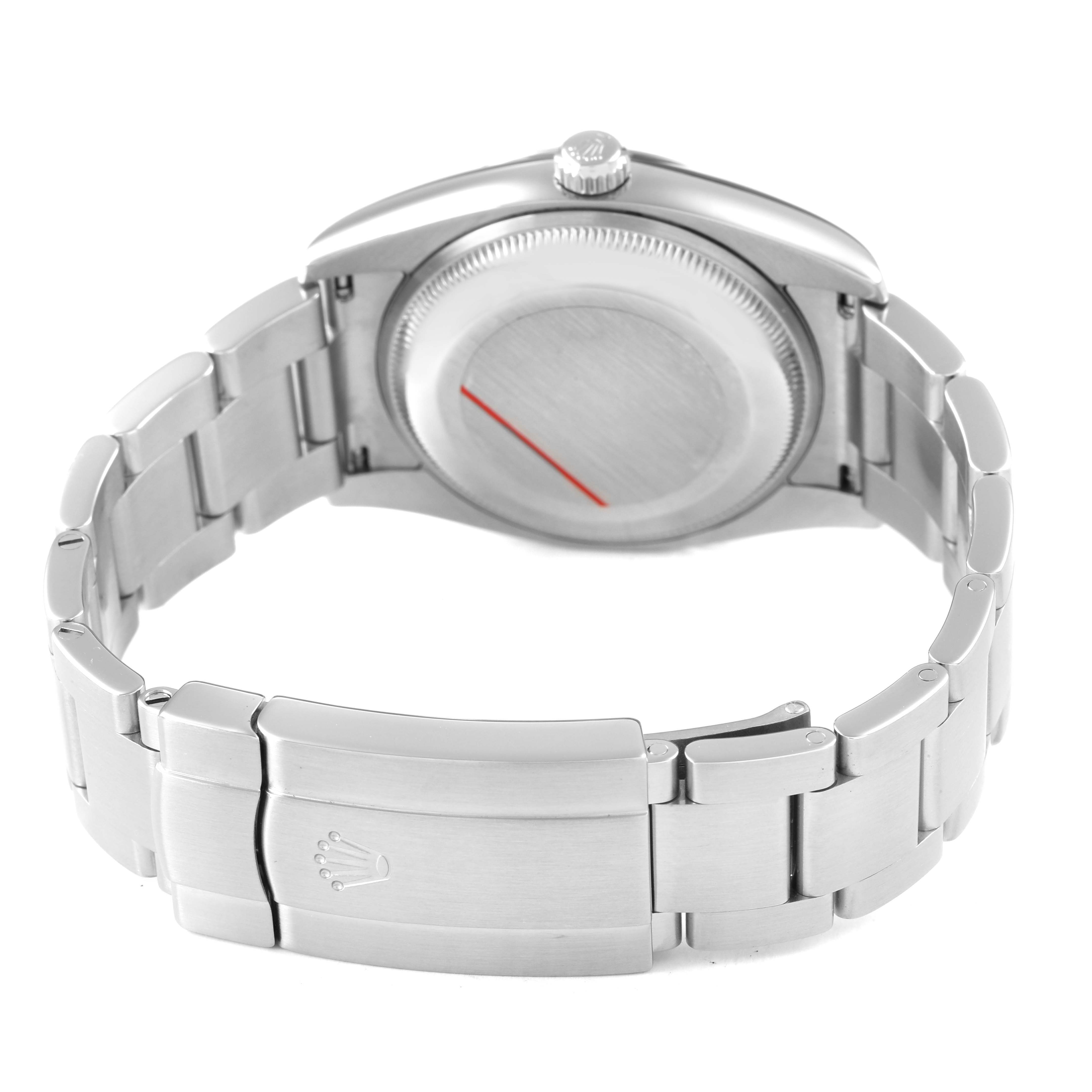 The image shows the back view of a Rolex Air-King 114234 Men's Stainless Steel Silver Dial, highlighting the case back, bracelet, and clasp.