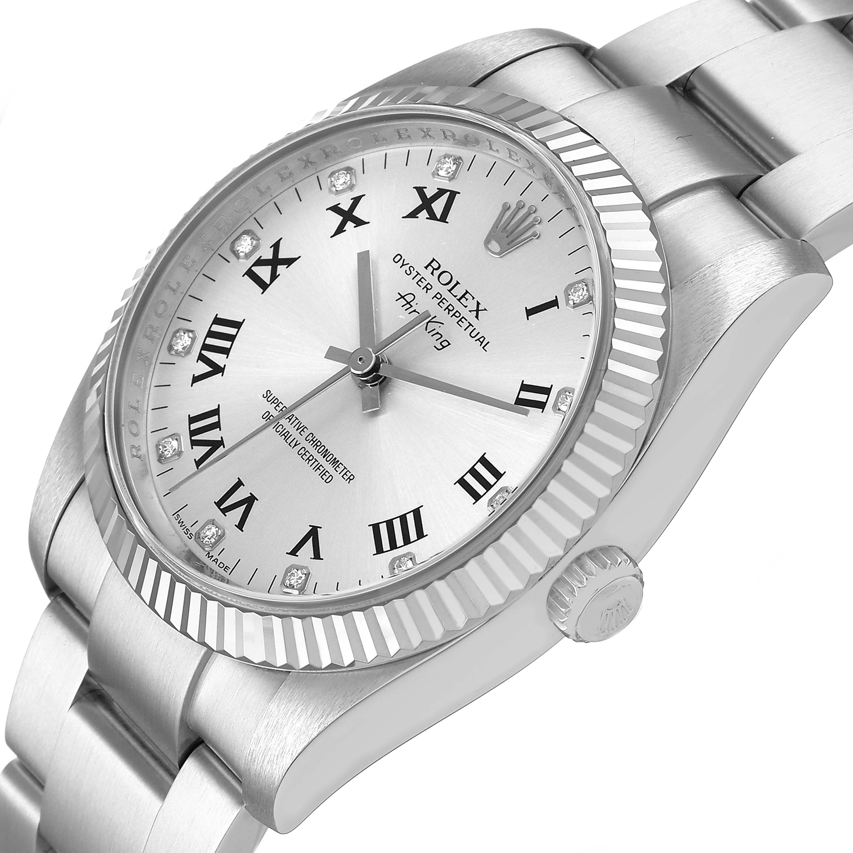 The Rolex Air-King 114234 Men's Stainless Steel Silver Dial watch is shown at a tilted angle, highlighting the dial, bezel, crown, and metal bracelet.