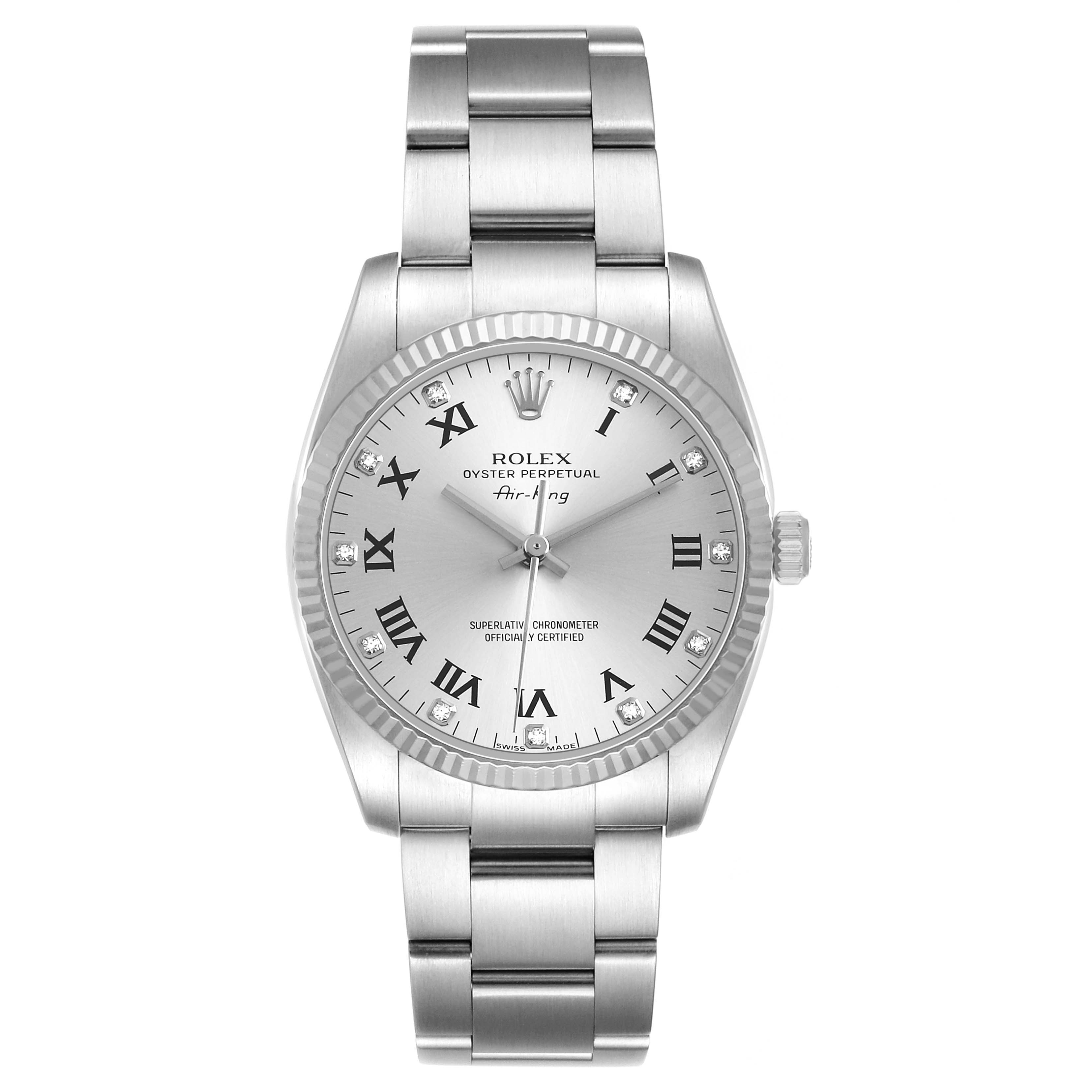 The Rolex Air-King 114234 Men's Stainless Steel Silver Dial watch is shown from a top-down angle, displaying the full face, bezel, and bracelet.