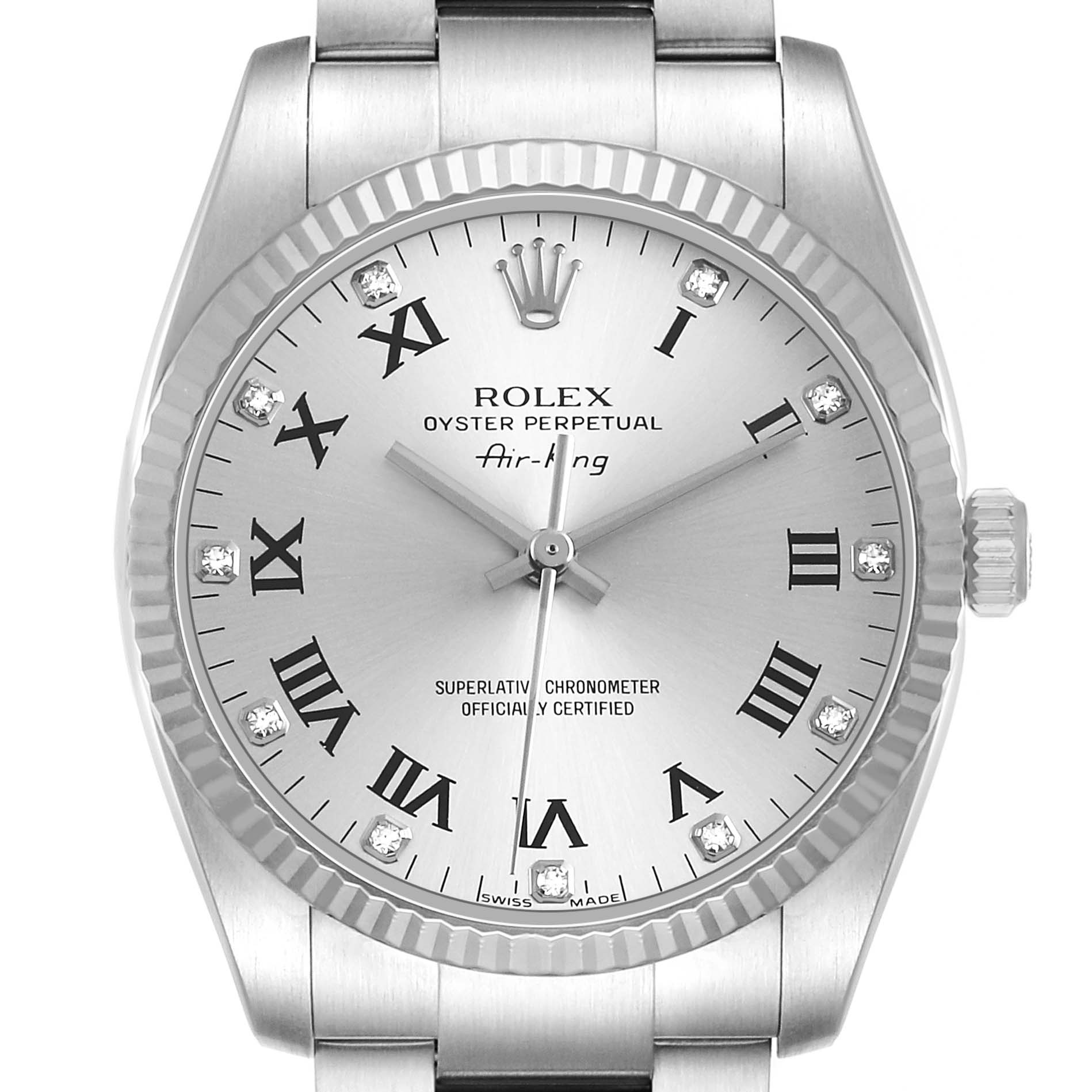 The Rolex Air-King 114234 Men's Stainless Steel Silver Dial watch is shown from a front angle, highlighting its dial, bezel, crown, and part of the bracelet.
