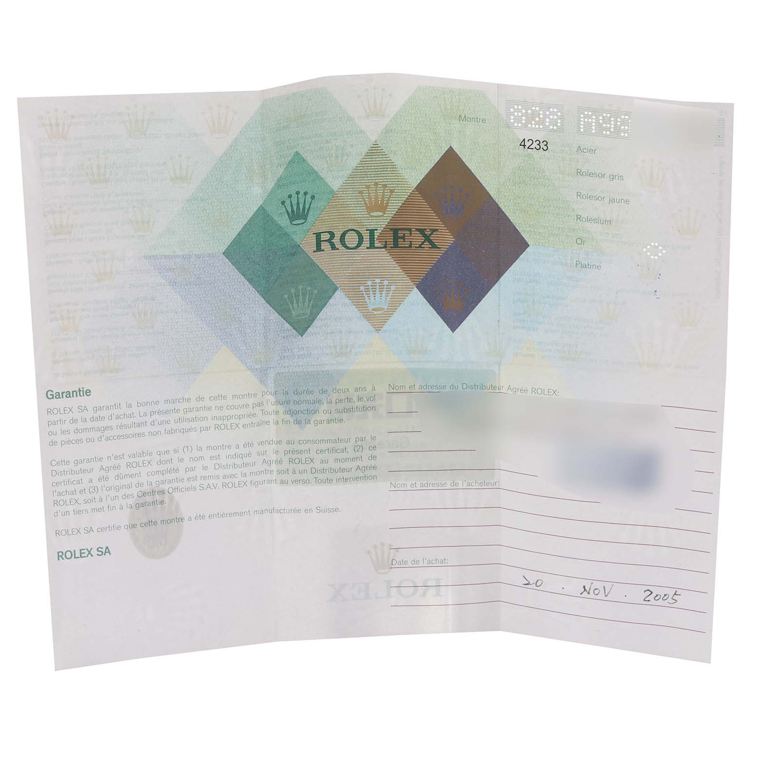 This image shows a warranty document for a Rolex Cellini 4233/9 Men's White Gold Black Dial 4233/9 Men's White Gold Black Dial watch, partially filled out and dated "30 Nov 2005."