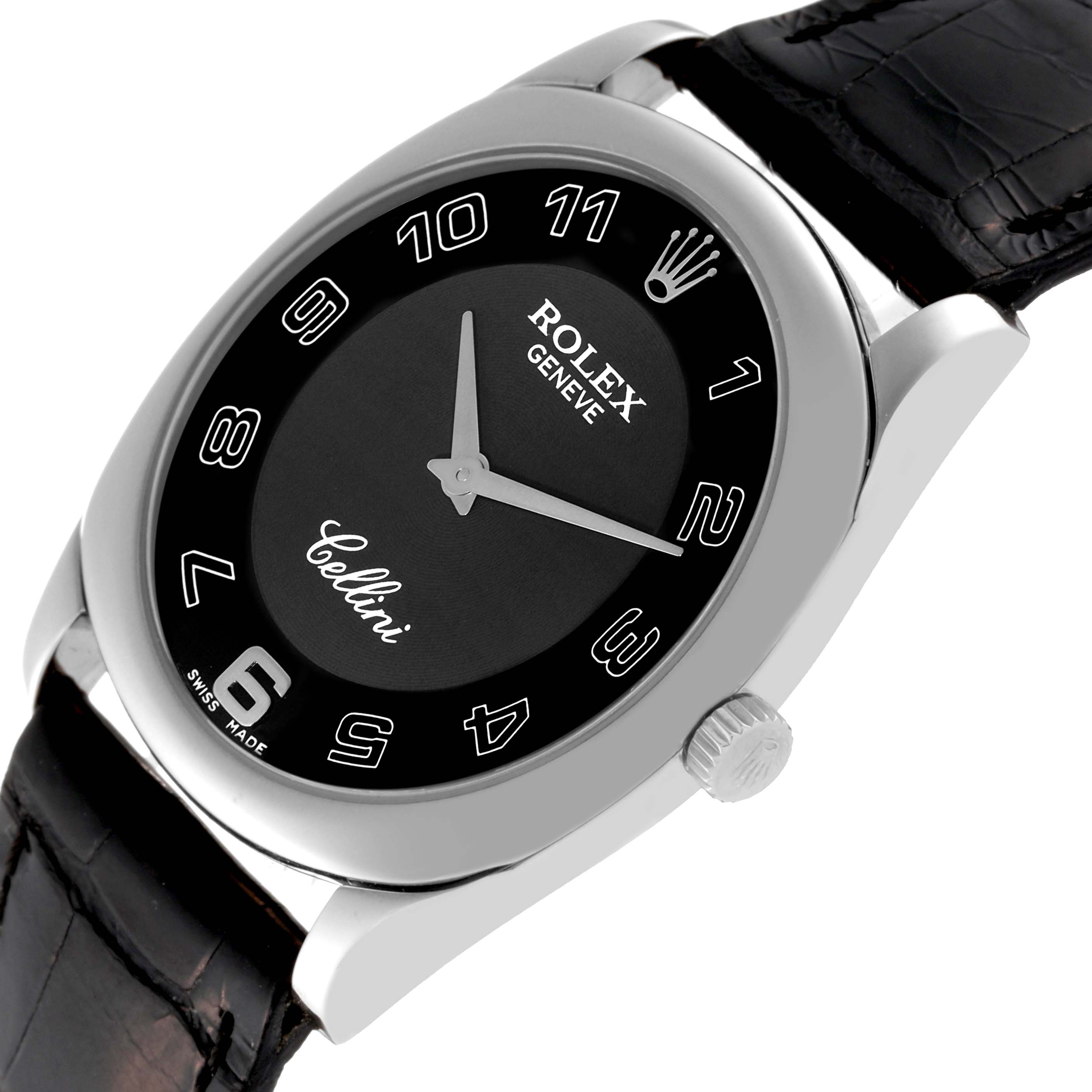 This Rolex Cellini 4233/9 Men's White Gold Black Dial 4233/9 Men's White Gold Black Dial watch is shown from a slightly tilted front angle, highlighting the dial, hands, crown, and part of the strap.
