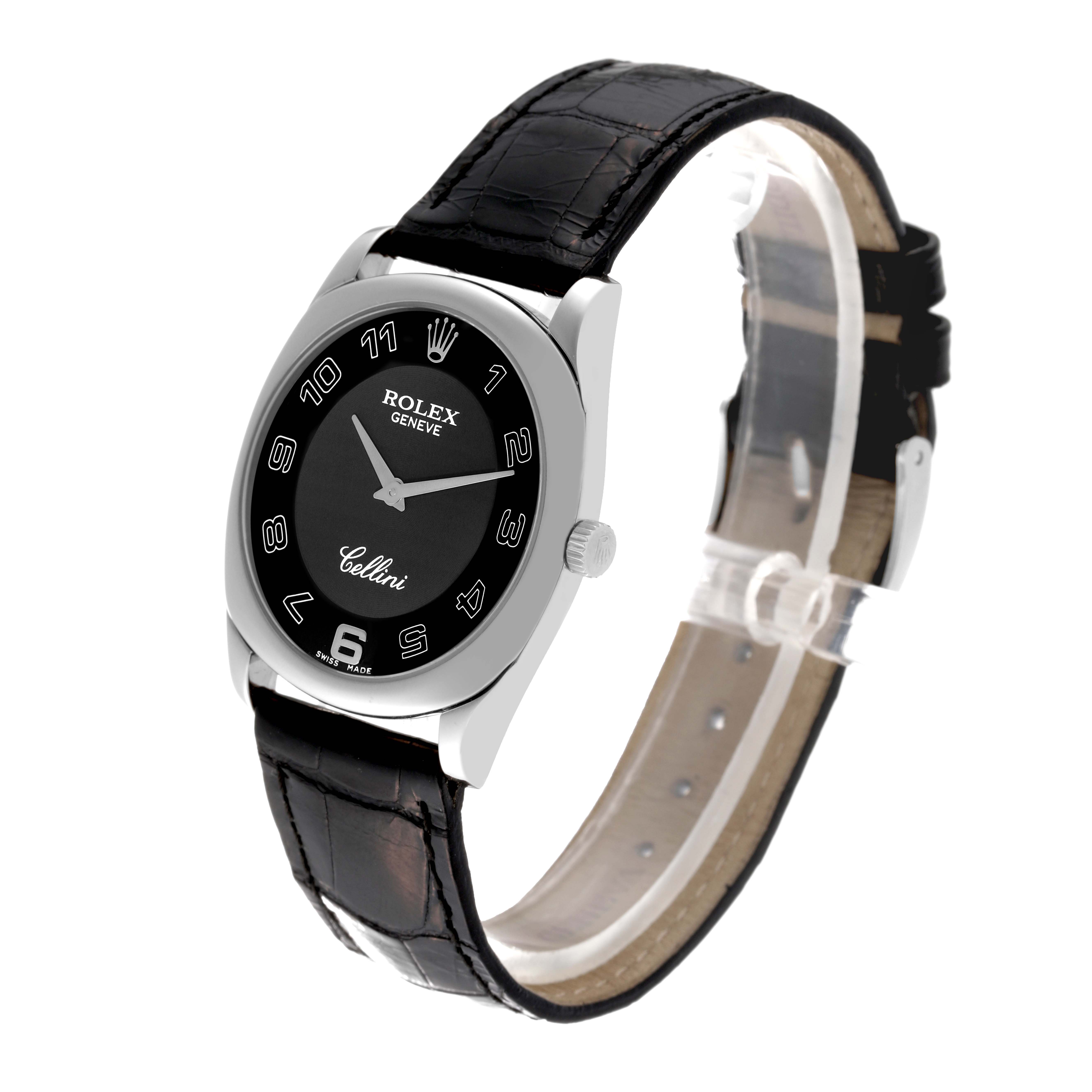 The image shows a Rolex Cellini 4233/9 Men's White Gold Black Dial 4233/9 Men's White Gold Black Dial watch at an angle displaying the face, bezel, case, crown, and leather strap.