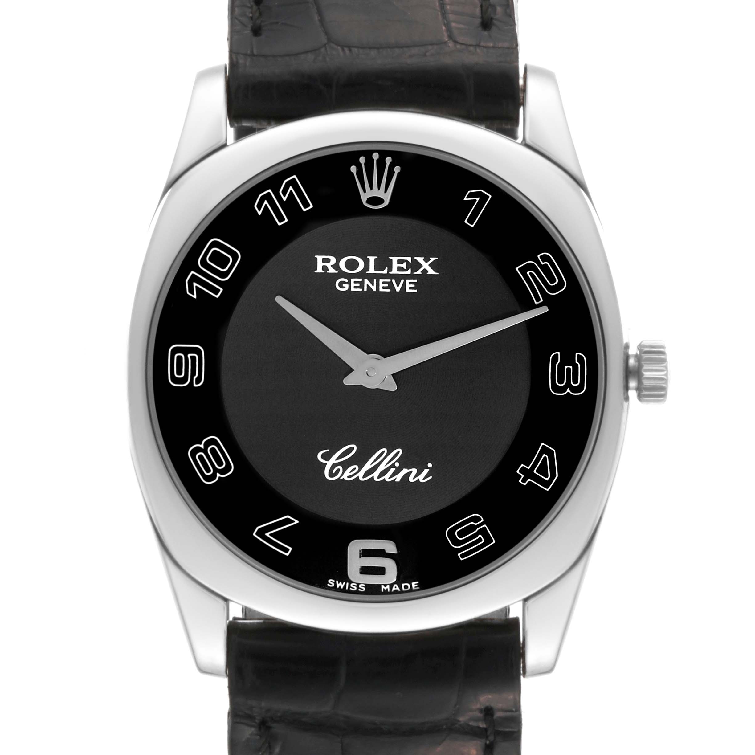 The Rolex Cellini 4233/9 Men's White Gold Black Dial 4233/9 Men's White Gold Black Dial watch is shown from the front, displaying its black dial, Arabic numerals, and leather strap.