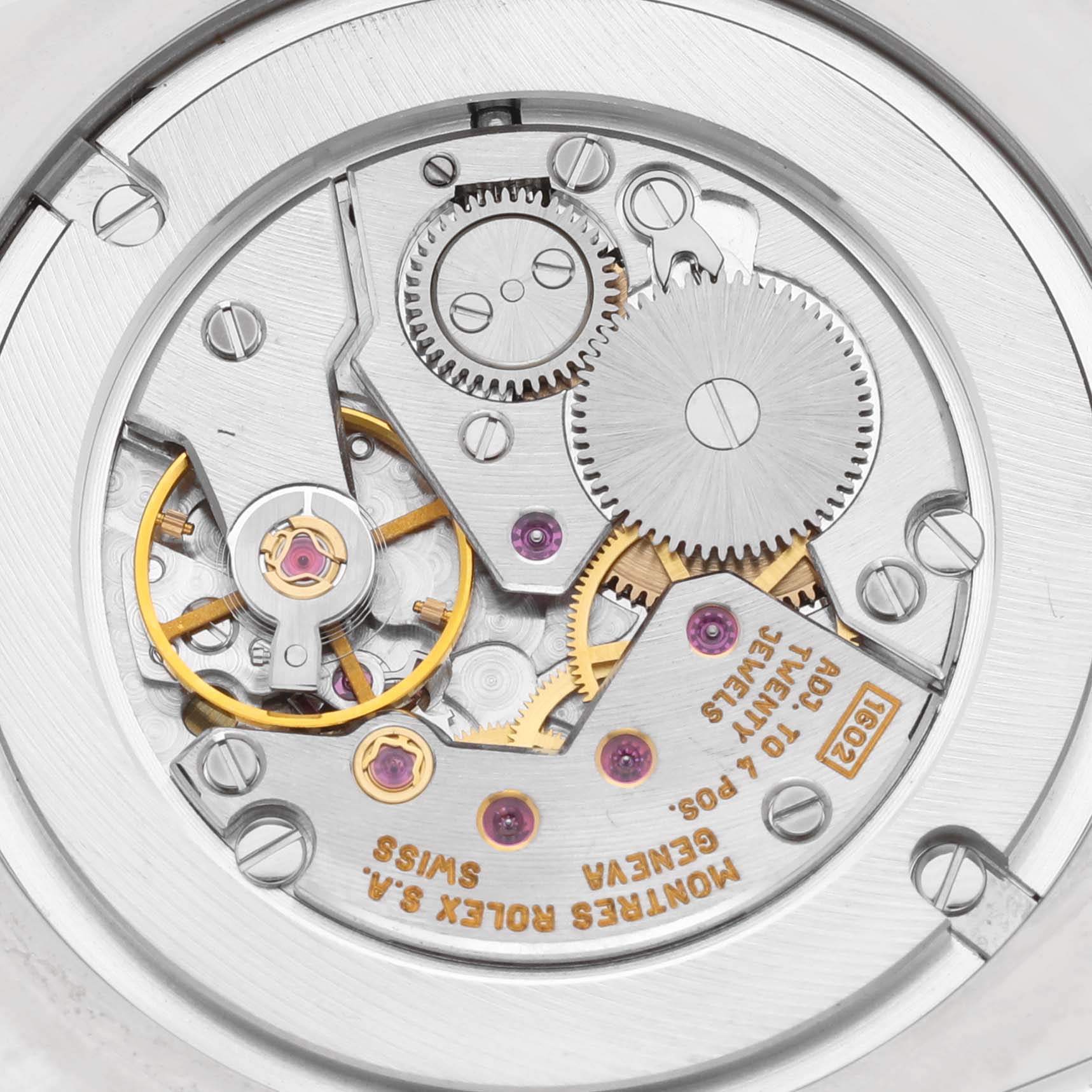 The image shows the intricate inner movement of a Rolex Cellini 4233/9 Men's White Gold Black Dial 4233/9 Men's White Gold Black Dial watch from a top-down angle.