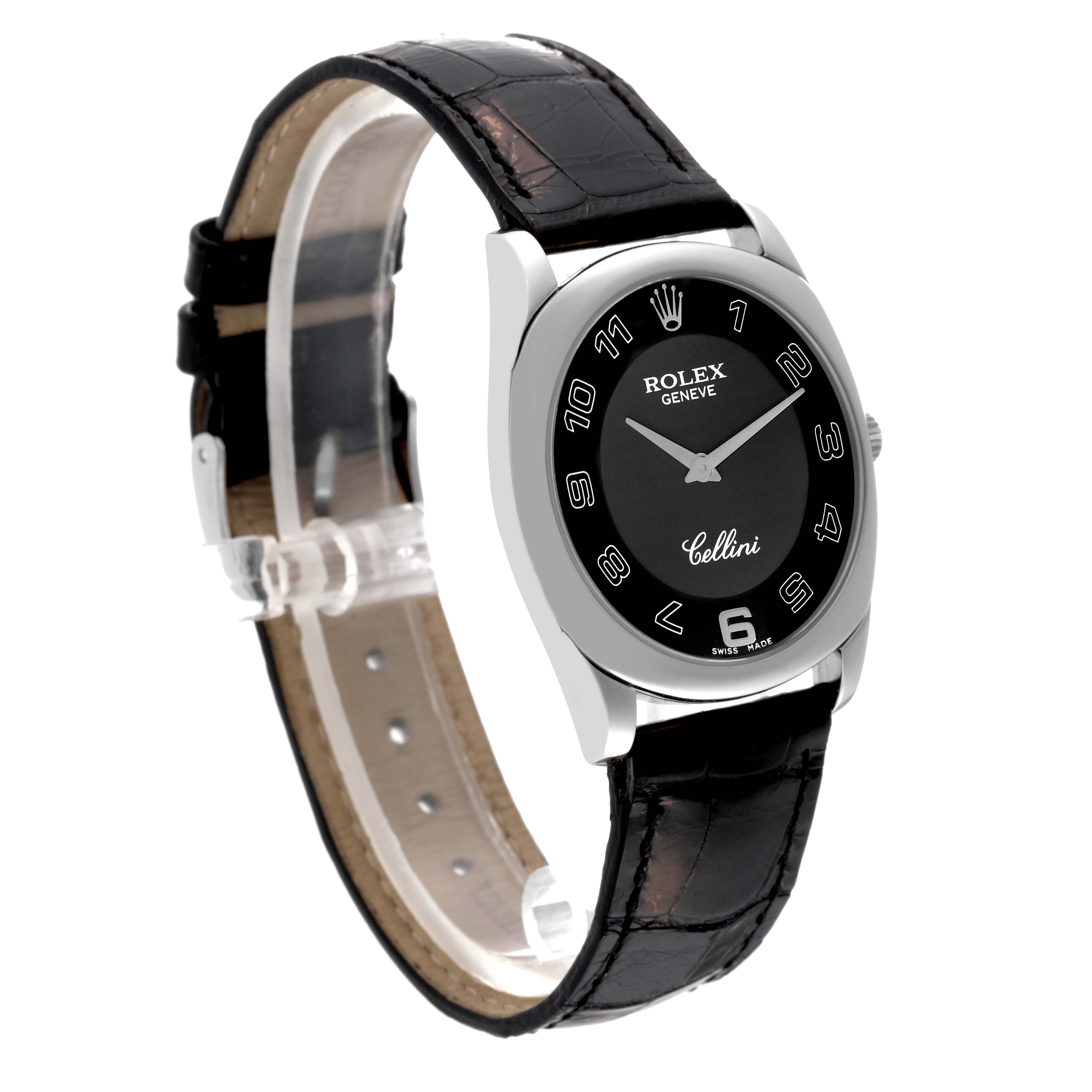 The Rolex Cellini 4233/9 Men's White Gold Black Dial 4233/9 Men's White Gold Black Dial watch is shown at an angle, displaying its black dial, silver case, and black leather strap.
