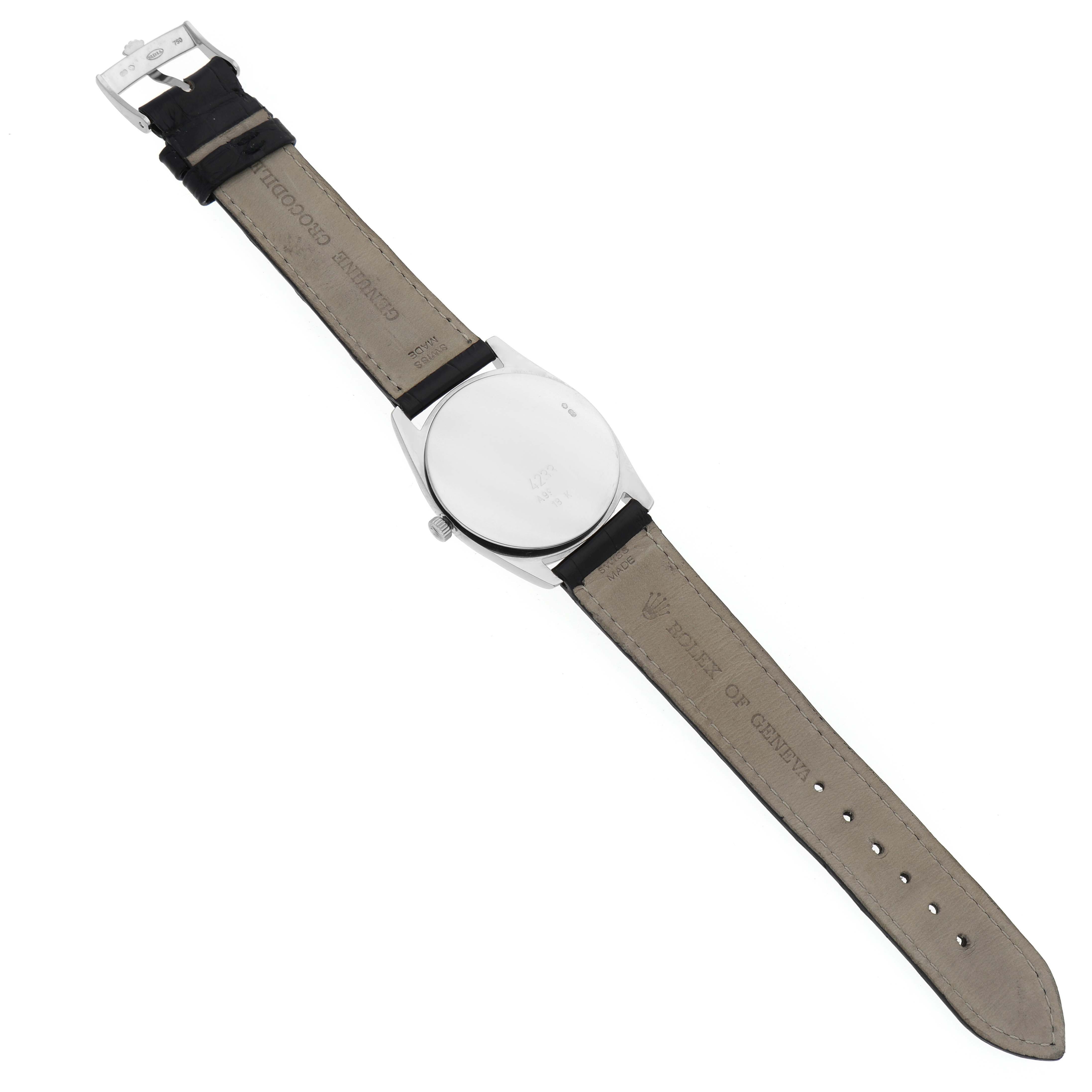 The image shows the back and strap of a Rolex Cellini 4233/9 Men's White Gold Black Dial 4233/9 Men's White Gold Black Dial watch, positioned flat and fully extended.