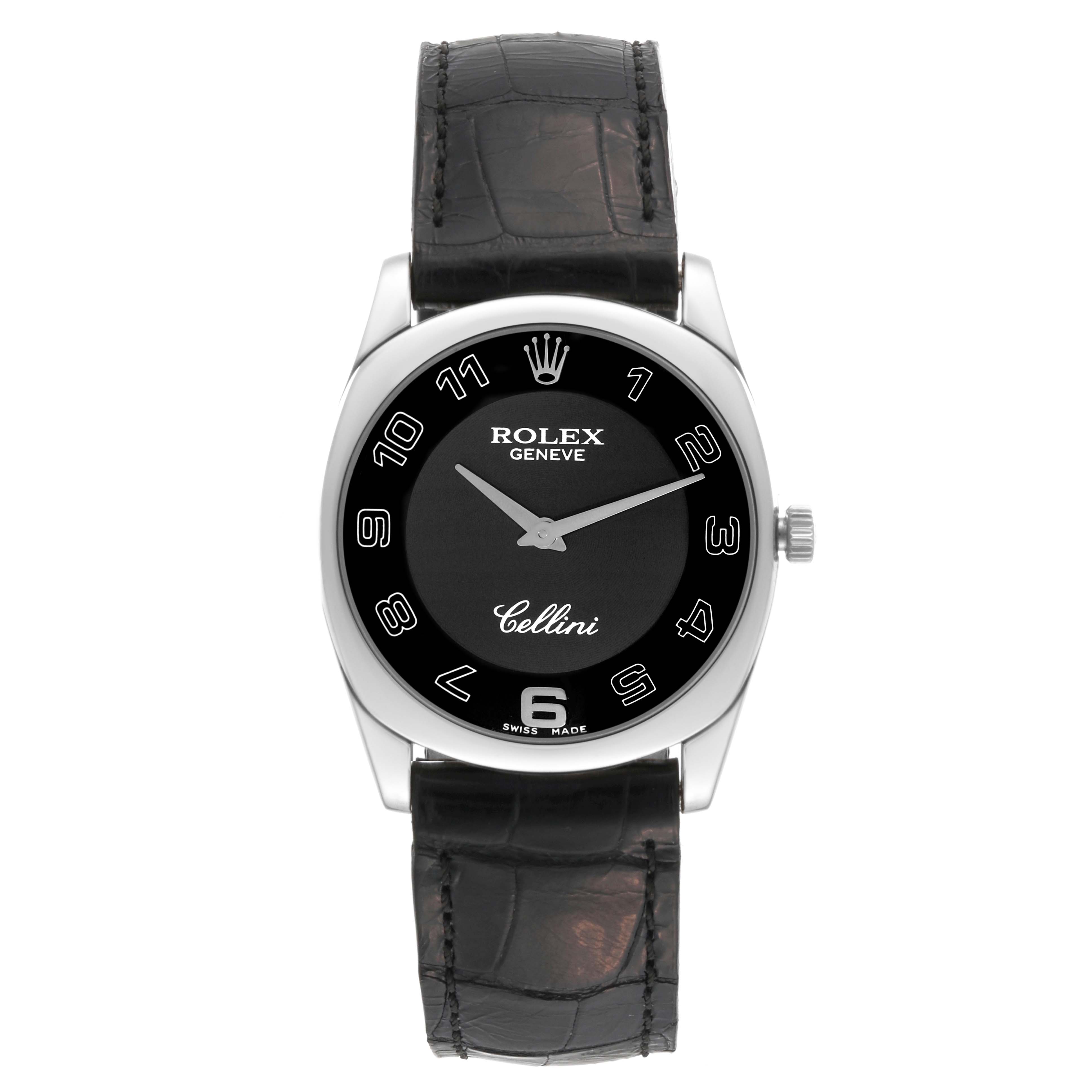 The Rolex Cellini 4233/9 Men's White Gold Black Dial 4233/9 Men's White Gold Black Dial watch is shown from a front angle, displaying the face and strap.