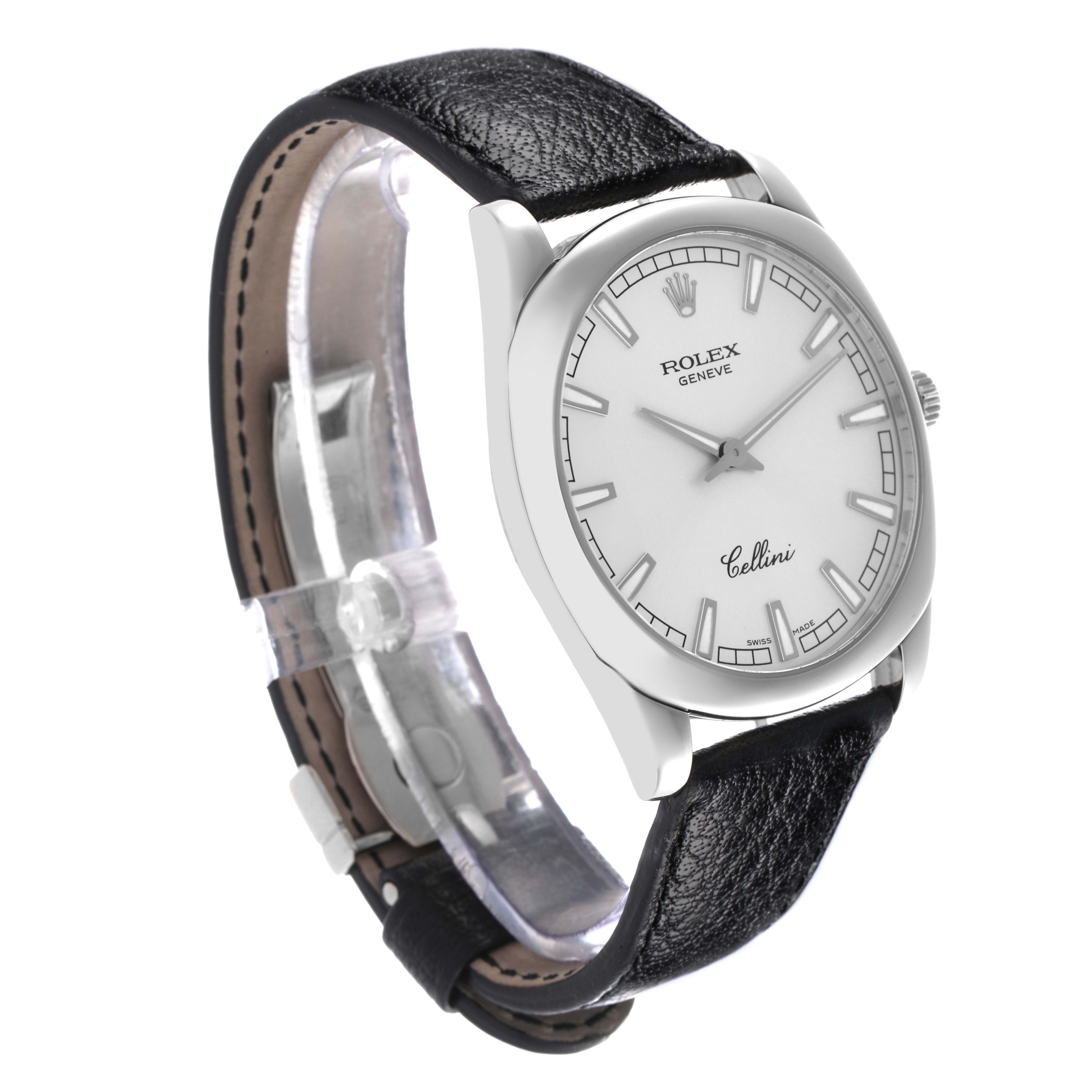 The Rolex Cellini 4243/9 Men's White Gold Silver Dial 4243/9 Men's White Gold Silver Dial watch is shown at a front angle, featuring its face, bezel, and leather strap.