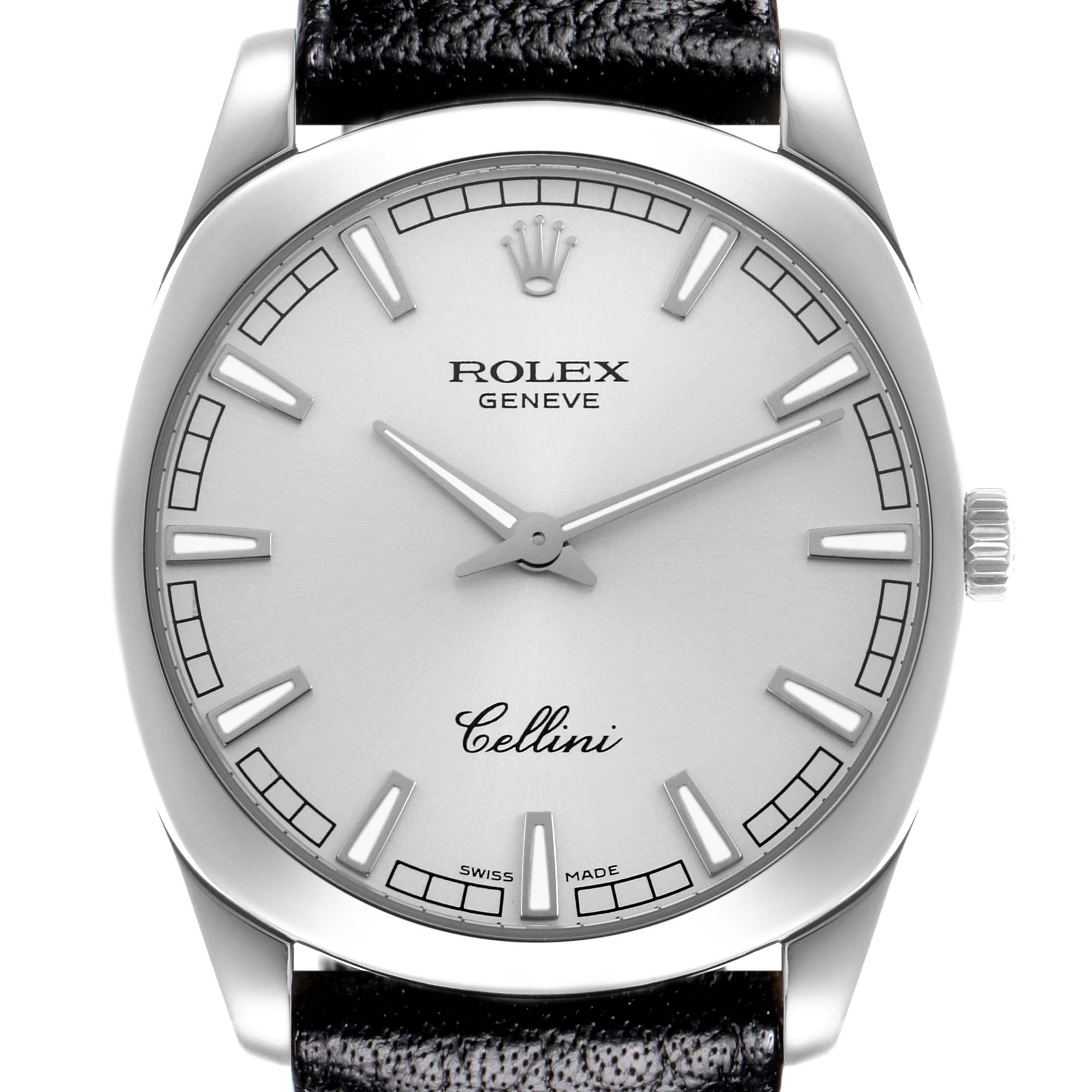 The Rolex Cellini 4243/9 Men's White Gold Silver Dial 4243/9 Men's White Gold Silver Dial watch is shown from a front view, highlighting the dial, hands, crown, and leather strap.
