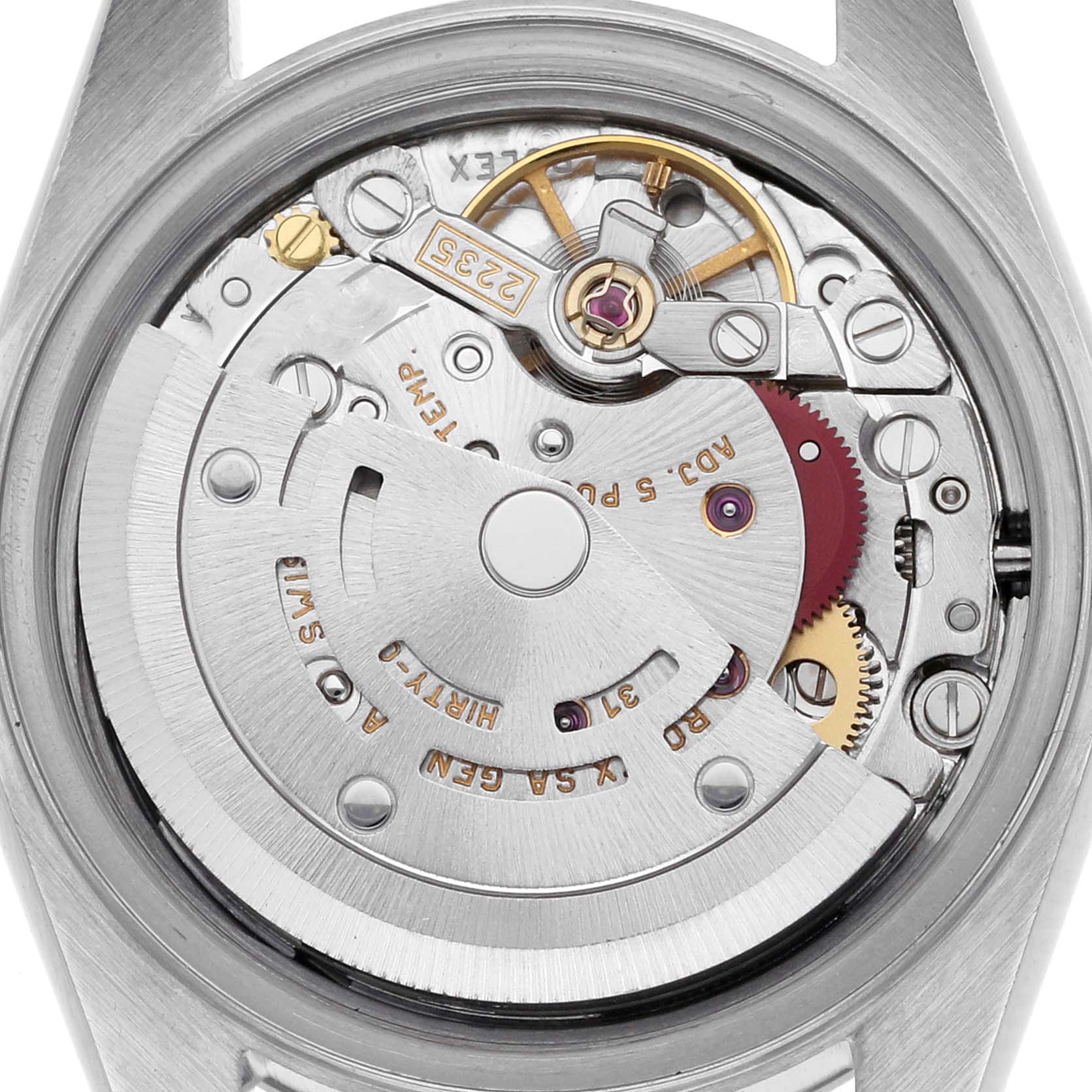 The image shows the movement of a Rolex Date 79190 Women's Stainless Steel Black Dial 79190 Women's Stainless Steel Black Dial model from a top-down angle, highlighting its intricate components.