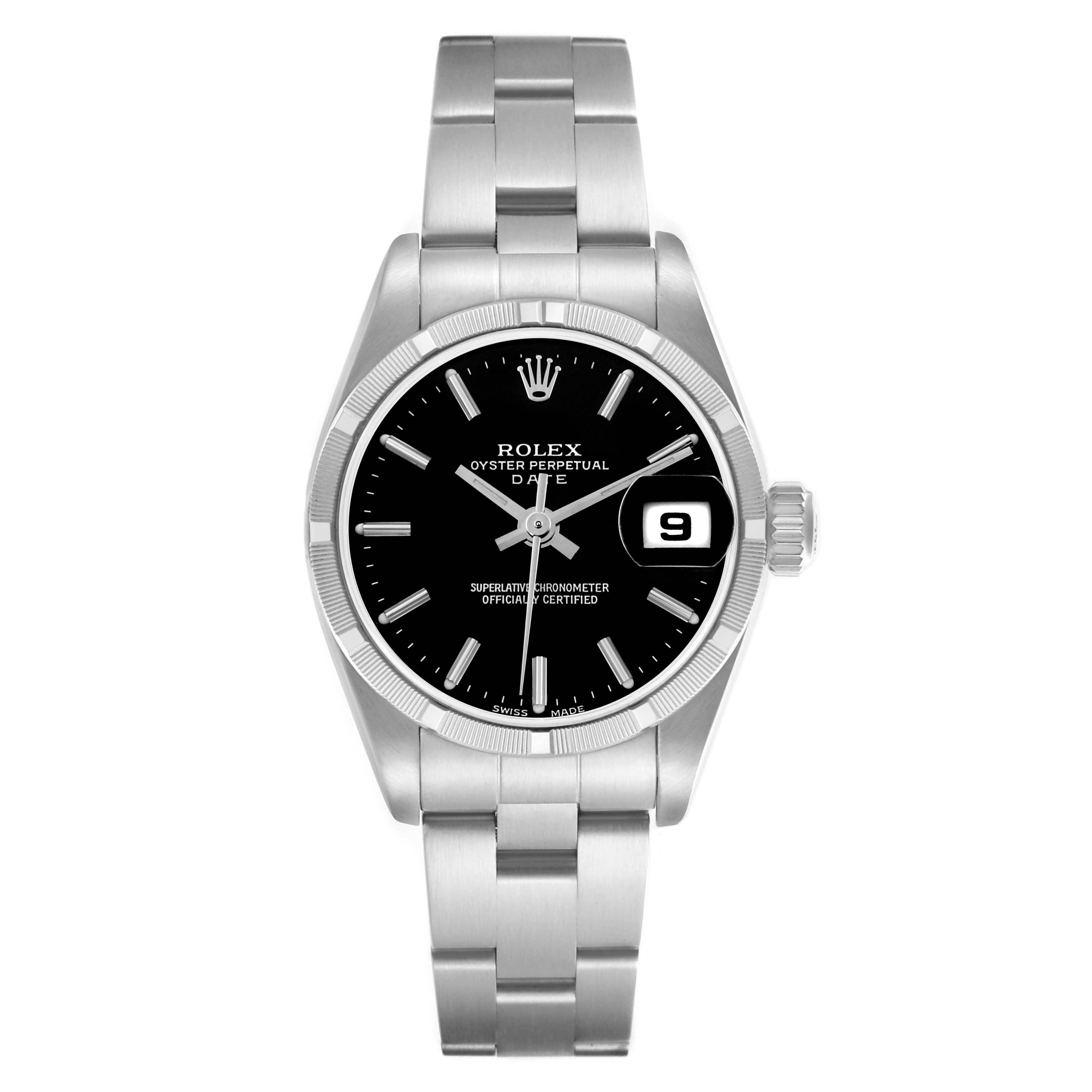 The Rolex Date 79190 Women's Stainless Steel Black Dial 79190 Women's Stainless Steel Black Dial watch is shown from a straight-on angle, displaying its dial, bezel, bracelet, and date window.