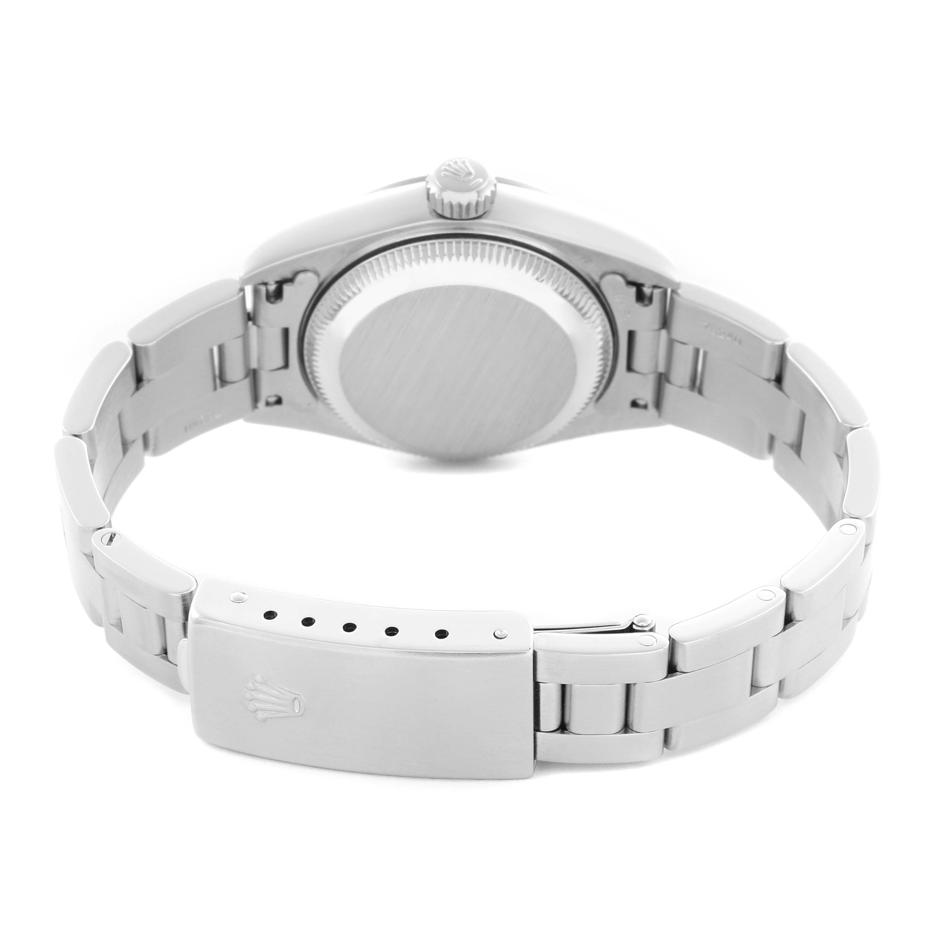 The image shows the back view of a Rolex Date 79190 Women's Stainless Steel Black Dial 79190 Women's Stainless Steel Black Dial model, featuring the case back, bracelet, and clasp.