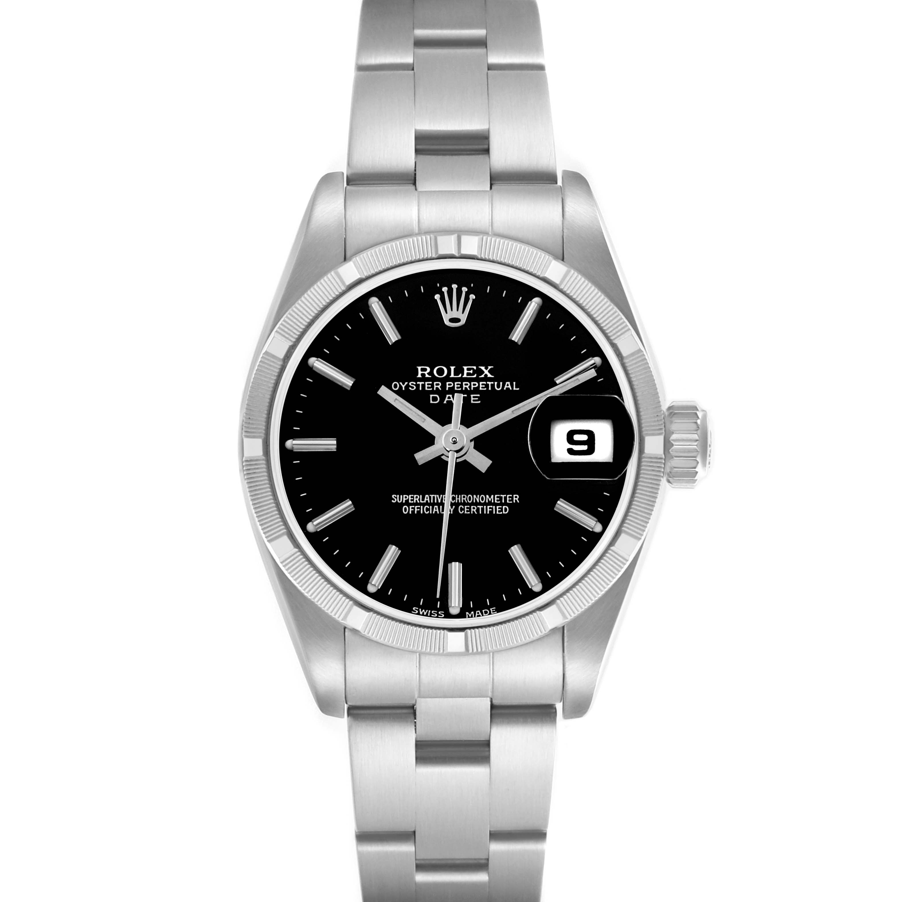 The Rolex Date 79190 Women's Stainless Steel Black Dial 79190 Women's Stainless Steel Black Dial watch is shown from a front angle, highlighting the black dial, date feature, and Oyster bracelet.