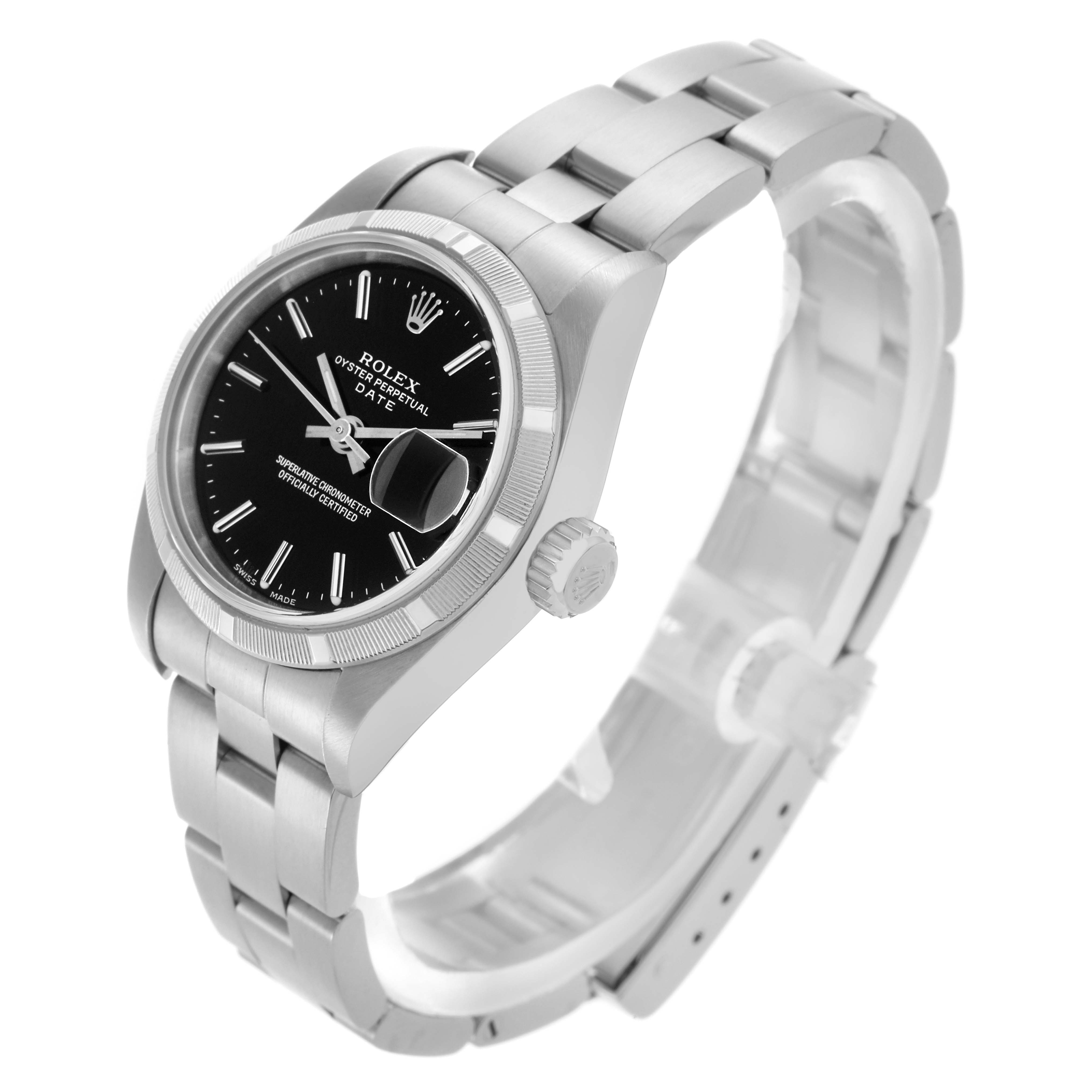 The Rolex Date 79190 Women's Stainless Steel Black Dial 79190 Women's Stainless Steel Black Dial watch is shown at a three-quarter angle, highlighting the dial, bezel, bracelet, and crown.