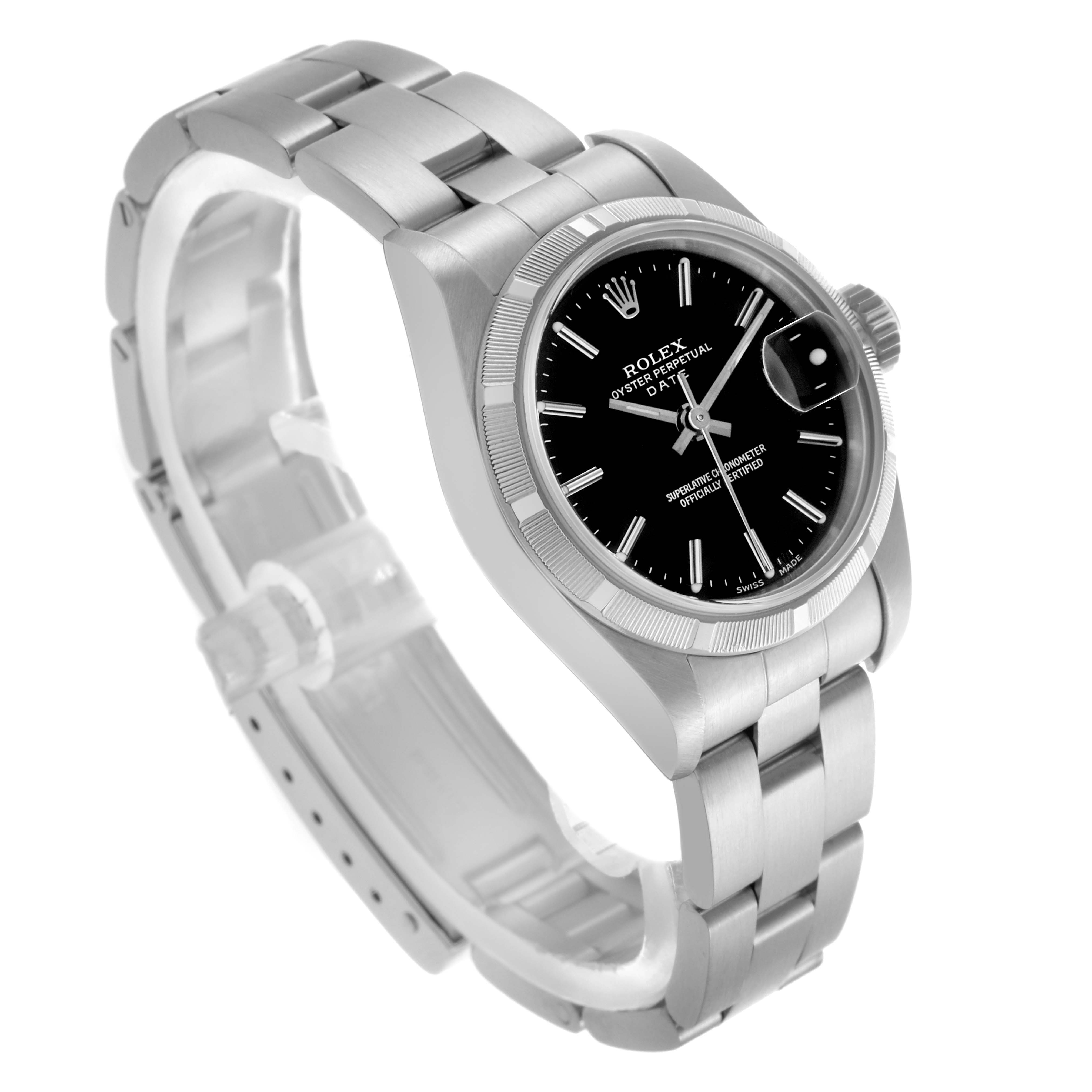 The Rolex Date 79190 Women's Stainless Steel Black Dial 79190 Women's Stainless Steel Black Dial model watch is shown at a three-quarter angle, revealing the dial, bezel, bracelet, and crown.