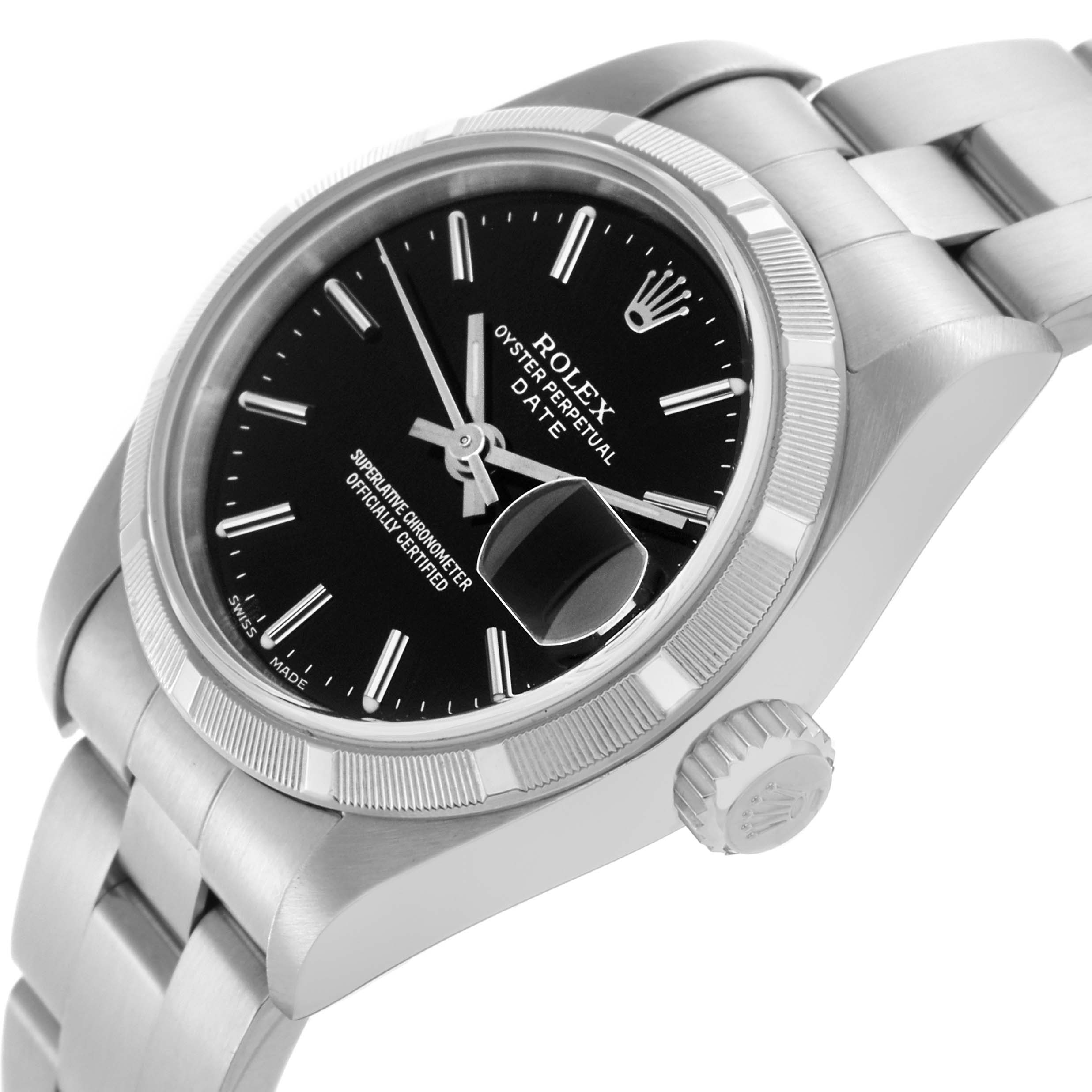 The Rolex Date 79190 Women's Stainless Steel Black Dial 79190 Women's Stainless Steel Black Dial model watch is shown at a slight angle, highlighting the black dial, bezel, and bracelet.