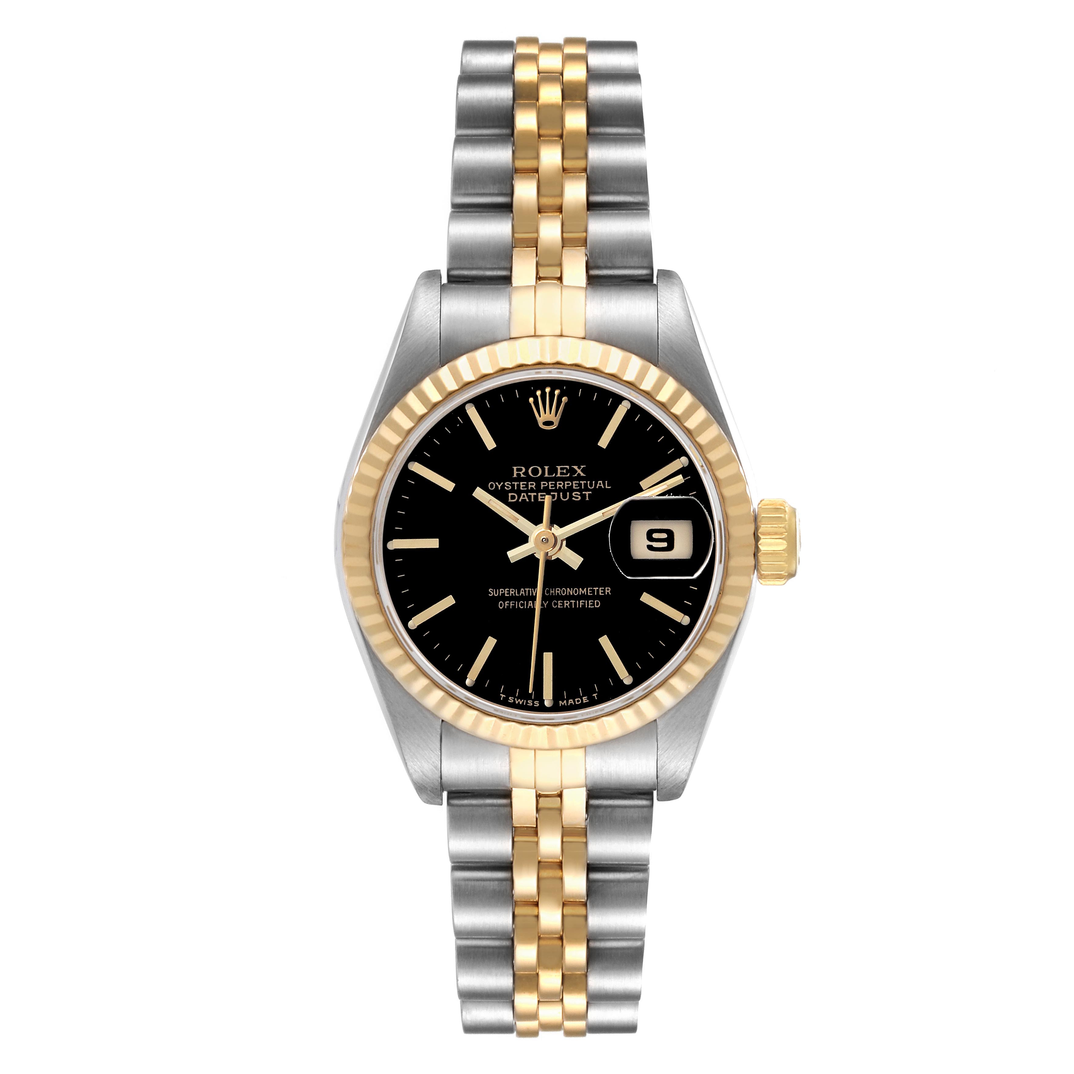 The Rolex Date 69173 Women's Steel and Gold (two tone) Black Dial 69173 Women's Steel and Gold (two tone) Black Dial model watch is shown from a front angle, highlighting the two-tone bracelet, black dial, fluted bezel, and date window.