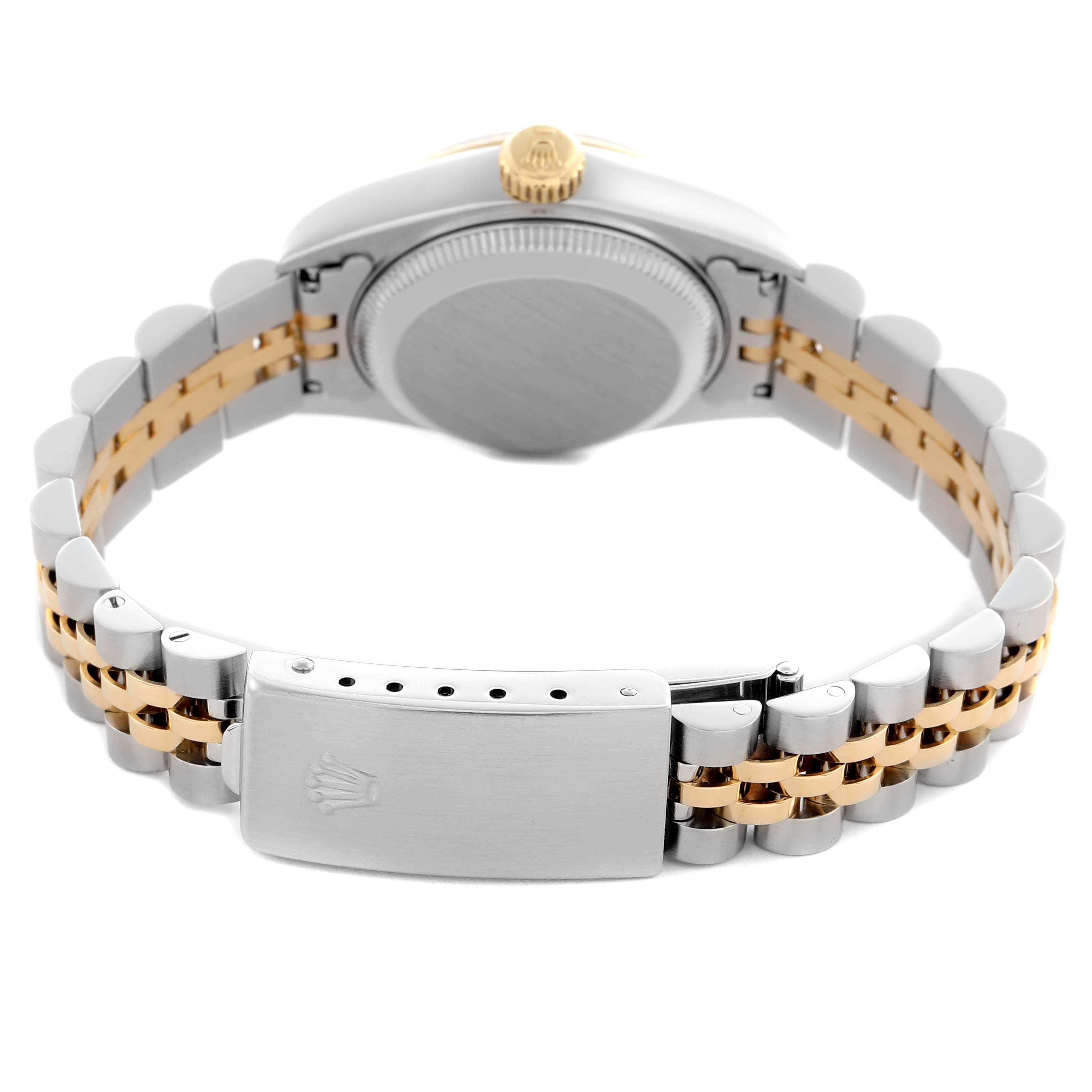 The image shows the back of the Rolex Date 69173 Women's Steel and Gold (two tone) Black Dial 69173 Women's Steel and Gold (two tone) Black Dial model, highlighting the clasp and bracelet from the side.