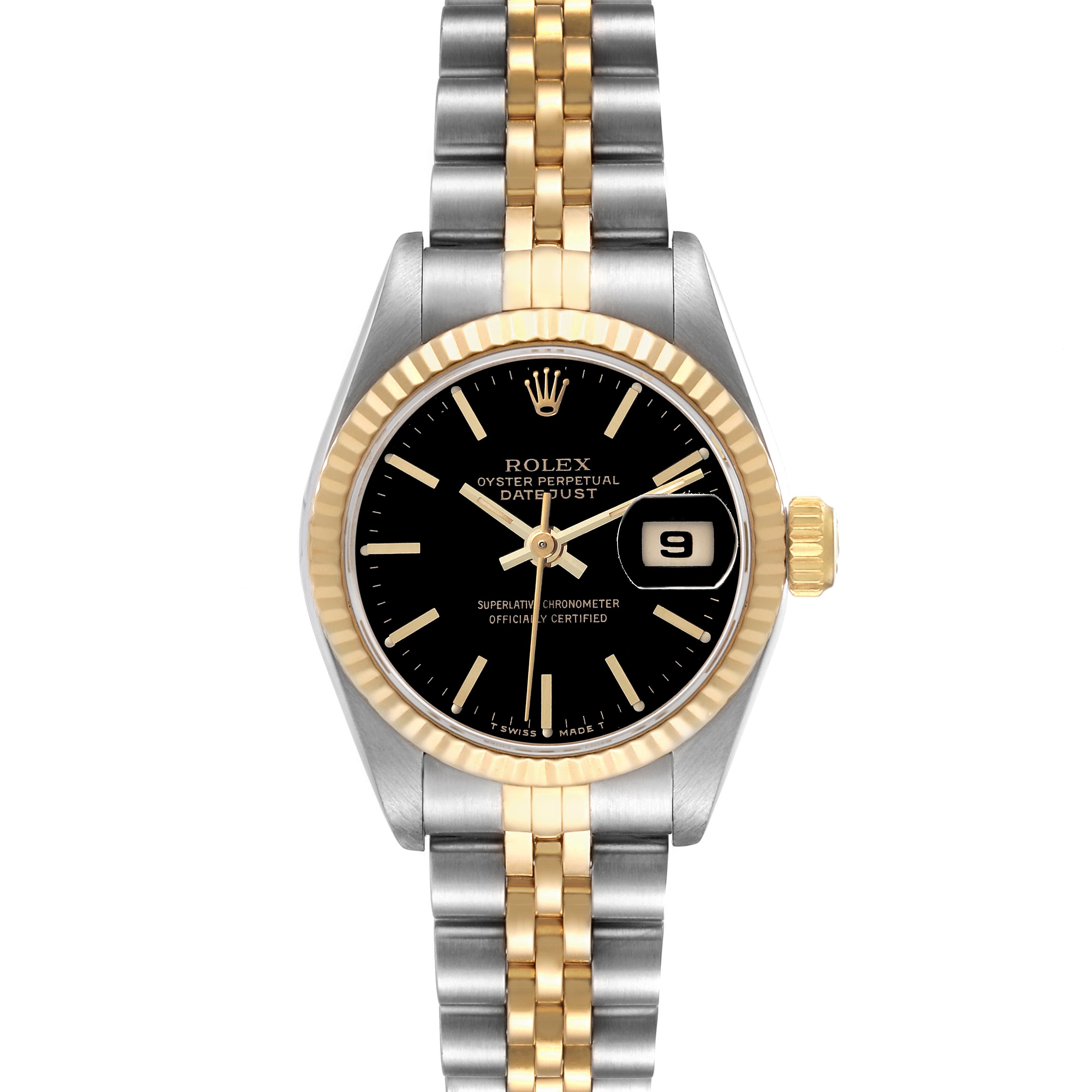The Rolex Date 69173 Women's Steel and Gold (two tone) Black Dial 69173 Women's Steel and Gold (two tone) Black Dial model watch is shown from the front, displaying its dial, fluted bezel, and two-tone bracelet.